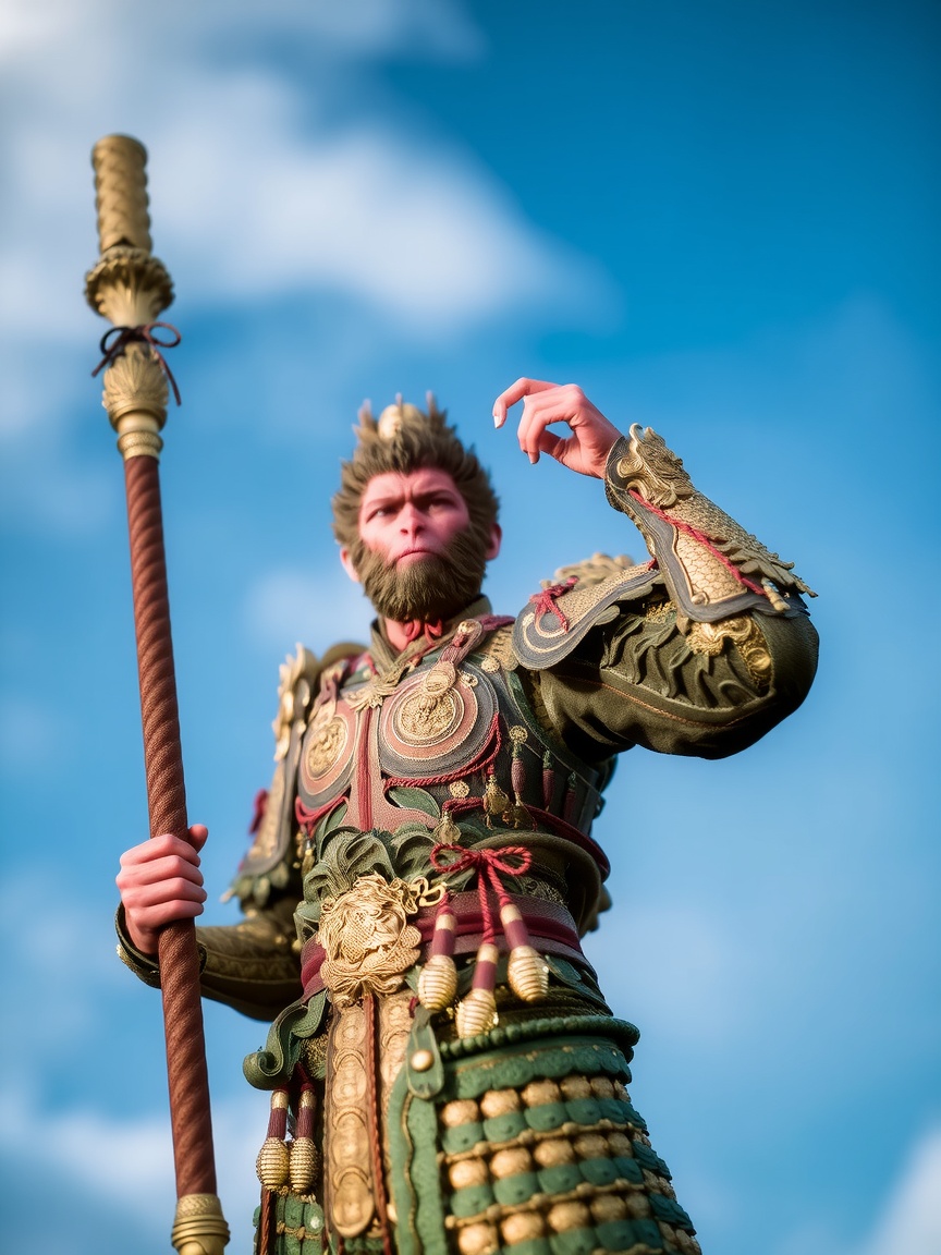wukong full body,  The warrior is depicted in full armor,  standing against a backdrop of a clear blue sky with fluffy whi...