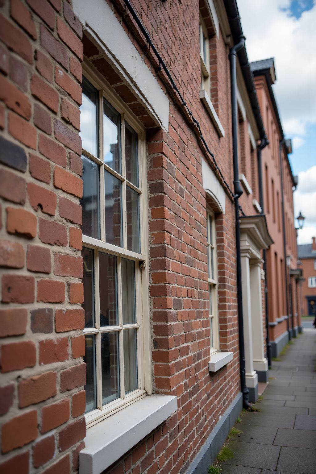 building with windows, features a brick wall with a window and,with some blurred architectural details. The overall scene is well-lit, street, day, clouds