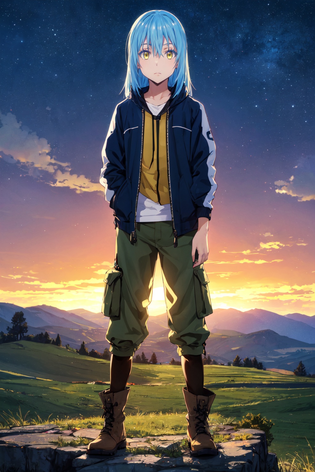 1other,looking at viewer,solo,androgynous,blue hair,long hair,hair between eyes,bangs,yellow eyes,standing,sherpa jacket, flannel shirt, cargo pants, work boots,<lora:Rimuru:0.8>,Rimuru_CYQL,panorama,beautiful face,beautiful eyes,glossy skin,shiny skin,Tuscany hills, Sunrise, Hike, Nature, Serenity,beautiful detailed sky,beautiful detailed glow,posing in front of a colorful and dynamic background,masterpiece,best quality,beautiful and aesthetic,contrapposto,female focus,wallpaper,fashion,