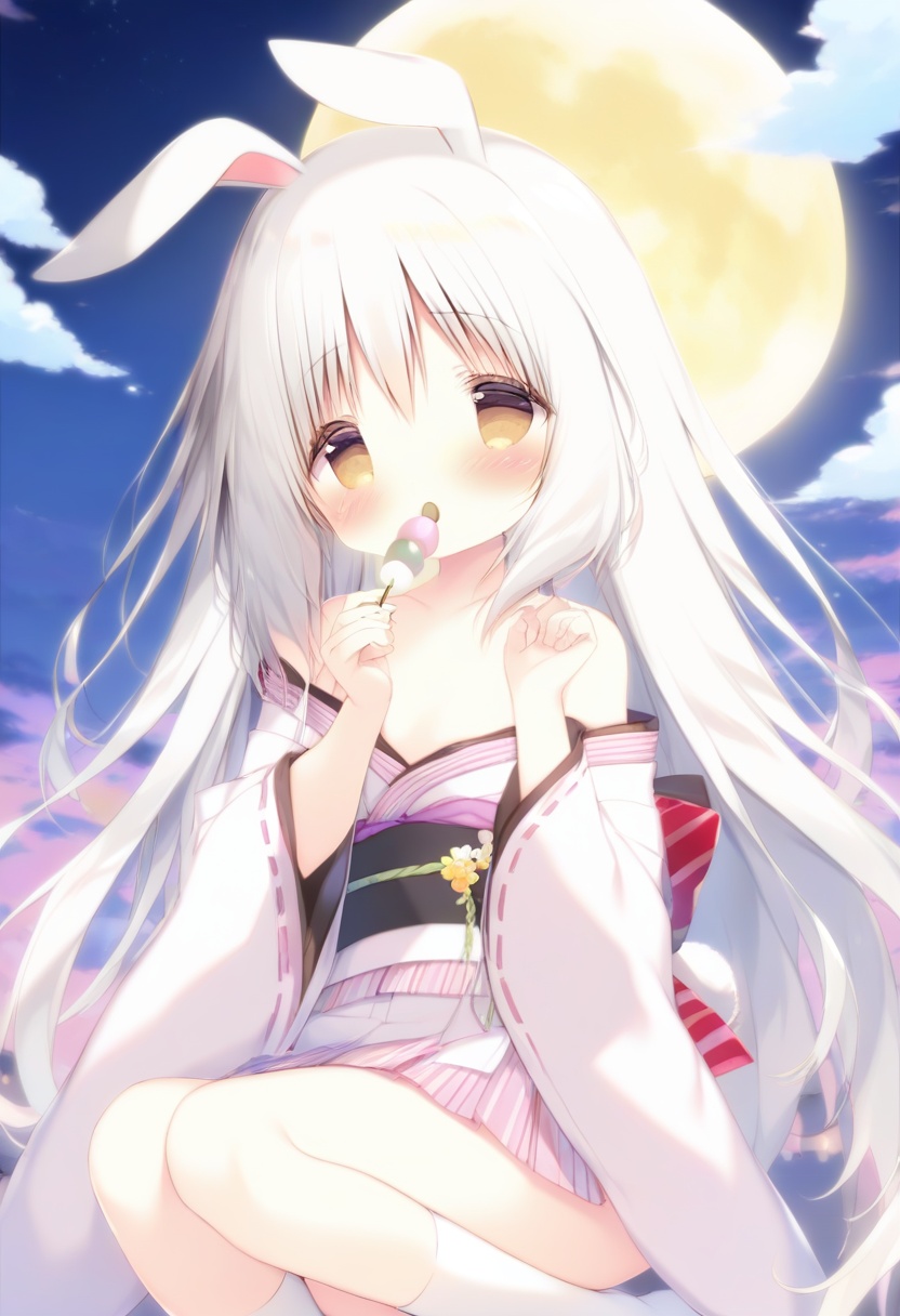 loli, 1girl, (shiratama (shiratamaco)),1girl, white kimono, kimono, full moon, solo, japanese clothes, moon, rabbit ears, night, animal ears, sky, food, off shoulder, holding food, night sky, wide sleeves, long hair, wagashi, holding, very long hair, blush, outdoors, hair between eyes, bangs, long sleeves, brown eyes, mochi, bare shoulders, cloud, looking at viewer, dango, rabbit tail, obi, hands up, white hair, breasts, sash, white socks, <lora:baiyu-000016:1>, masterpiece, best quality