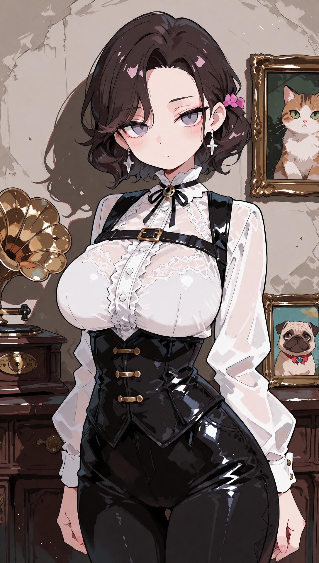 A woman in a vintage-inspired outfit â€” featuring a sheer white blouse with lace detailing,  a black leather corset,  sta...