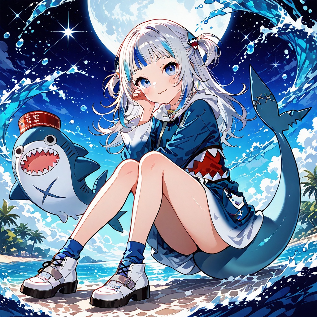 Melting,1girl, virtual youtuber, fish tail, gawr gura, multicolored hair, bloop (gawr gura), shark tail, tail, moon, blue hair, streaked hair, blue eyes, grey hair, bangs, looking at viewer, hair ornament, solo, long sleeves, white footwear, shark girl, socks, water, two side up, full moon, blunt bangs, dress, sky, long hair, full body, blue dress, smile, night, sitting, shoes, closed mouth, blush, shirt, shark hair ornament, blue socks,(UHD),anatomically correct,accurate,textured skin,super detail,high details,award winning,best quality,high quality,retina,16k,HD,1080P,8k,