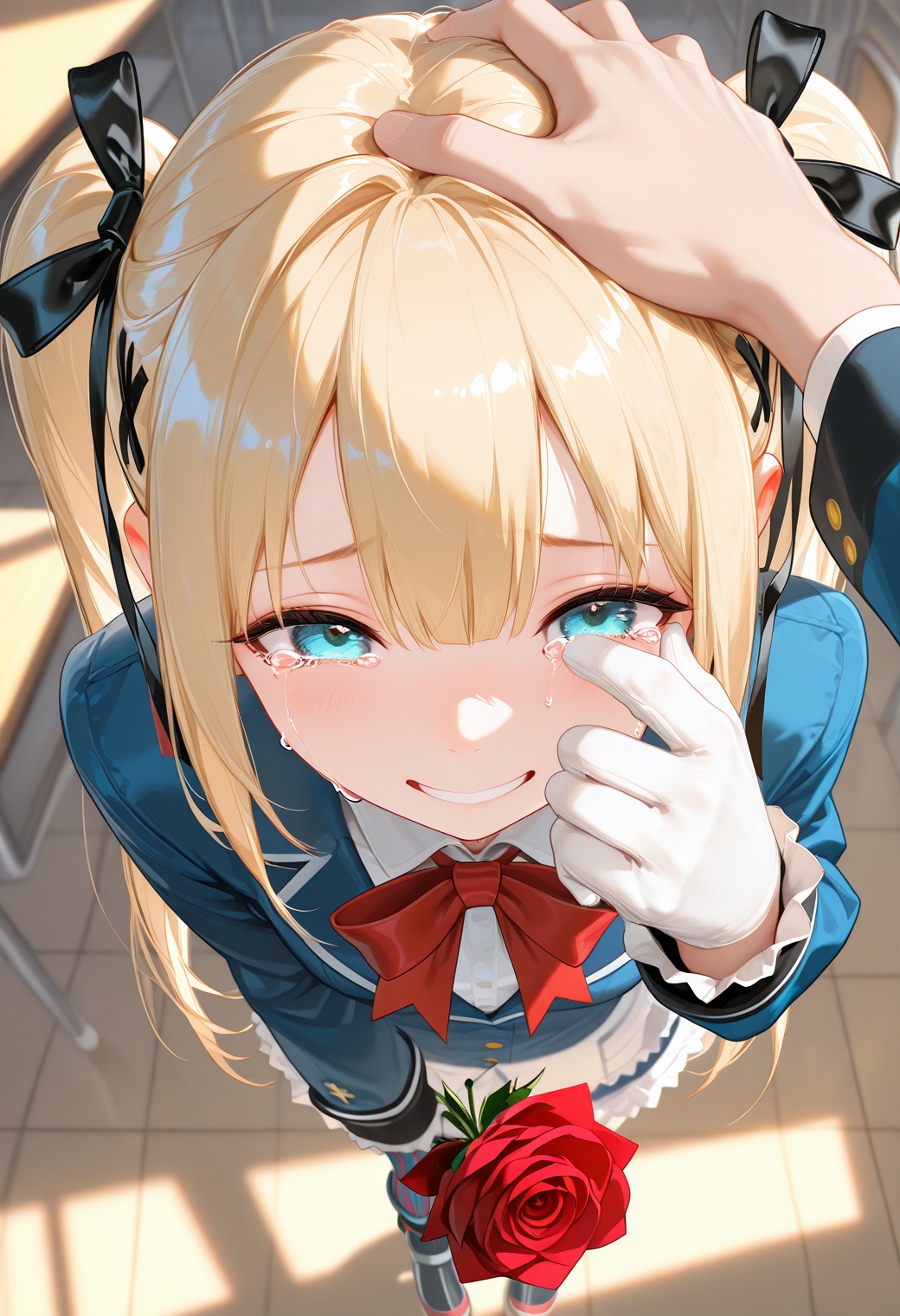 masterpiece,best quality,amazing quality,very aesthetic,absurdres,newest,impactful picture,offcial art,movie perspective,(otokoe:0.5),(bodhi wushushenghua:0.5),(torino:0.5),1girl,marie rose,holding the rose,tears of joy,one hand wiping tears,from_above,happy,school_uniform,class_room,boy touches girl's head,
