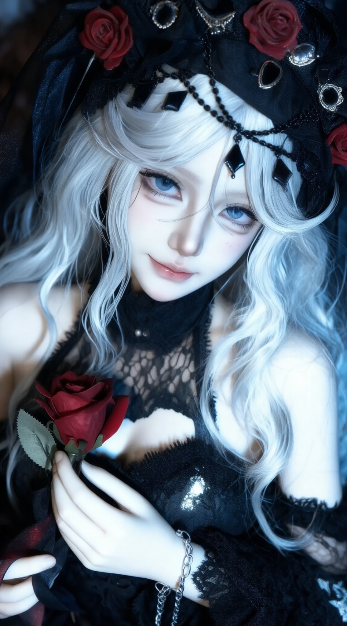 a photo-realistic shoot from a close-up camera angle about a young woman with pale skin and long, wavy silver hair, wearing a black lace dress and a black headpiece adorned with red roses, the subject, a 1girl, is positioned in the middle of the image, looking directly at the viewer with a serene expression, she has pale skin, blue eyes, and a subtle smile, her hair is styled in loose waves and falls down her back, framing her face, she is holding a red rose in her left hand and a silver chain bracelet in her right hand, adding a touch of elegance to her outfit, the background is blurred, focusing attention on the subject, the lighting is soft and diffused, creating a moody atmosphere, the overall effect is dark and gothic, with a focus on the characters delicate features and intricate details,, Negative prompt: ng_deepnegative_v1_75t,(badhandv4:1.2),EasyNegative,(worst quality:2),,nsfw, Steps: 30, Sampler: Euler, CFG scale: 6.0, Seed: 2458572731, Size: 1142x2048, Model hash: 98763a1277, Model: Qwen-Image_1.0.safetensors, Denoising strength: 0, RNG: CPU, Lora 1: ZOZ_湿润特效, Lora Hash 1: 36836624eb, Lora Weight 1: 0.8, vae_name: automatic