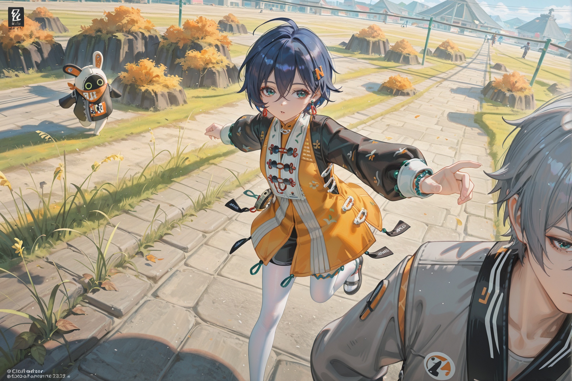 8k,best quality,masterpiece,(ultra-detailed),(high detailed skin),((artist:reoen), (artist:torino_aqua),year 2024:0.8)1girl,[artist:wlop],[artist:ningen_mame],artist:ciloranko,[[artist:rhasta]],artist:tidsean,artist:iumu,artist:nyarko,wind,She leaned into the wind and stopping herself from blowing any further across the field,swept bangs,side hair flap,linear hatching,upper body,open field,sandals,best quality,amazing quality,very aesthetic,absurdres,close-up,looking to the side,Wise and Belle,1boy and 1girl,chasing with each other,<lora:zhelinew-ill-Tanger:0.8>,Wise \(Zenless Zone Zero\),Wise alternate costume,clothes: Wisenew chinese suit,grey hair,1boy,male focus,black footwear,long sleeves,hair between eyes,jewelry,Wisenew grey shirt,bracelet,Belle \(Zenless Zone Zero\),Belle alternate costume,clothes: Bellenew chinese yellow dress,dark blue hair,white pantyhose,1girl,black footwear,long black sleeves,short hair,hair ornament,