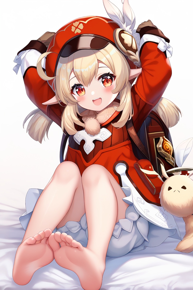 score_9,score_8_up,score_7_up,score_6_up,source_anime,source_cartoon,<lora:kleeTponyXL-000001:1>,klee \(Shooting Spark\),klee \(genshin impact\),1girl,barefoot,red cabbie hat,solo,red eyes,looking at viewer,white bloomers,long sleeves,feet,hair between eyes,toes,brown gloves,ahoge,white background,red headwear,smile,twintails,open mouth,pointy ears,red cabbie hat,soles,:d,randoseru,simple background,blonde hair,randoseru,sitting,underwear,dodoco \(genshin impact\),arms up,sidelocks,jumpy dumpty,red coat,blush,hat feather,knees together feet apart,brown scarf,hooded coat,loli,