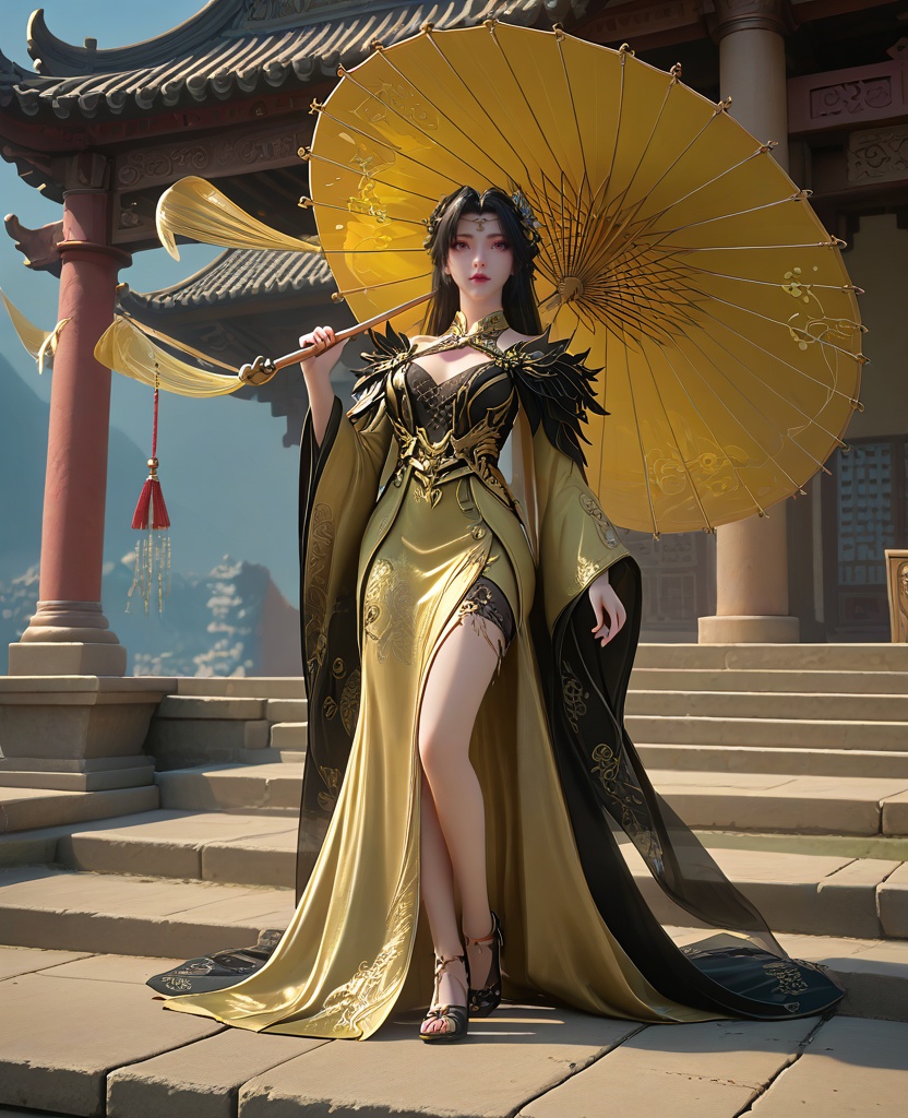 (oriental architecture, elegant decor, sophisticated style:1.1),(Hands on the cheeks, looking surprised:1.1),(breasts:1.2),<lora:XL16长生界柳如烟:0.95>,miss liuruyan,yellow dress,pink eyes,black hair,long hair,hair ornament,shoulder trim,black lace bra,mole,wide sleeves,overskirt,black footwear,holding umbrella,, score_9,score_8_up,score_7_up,score_6_up,score_5_up,score_4_up,3d rendering,tag1,tag2, Cinematic Lighting,backlighting,