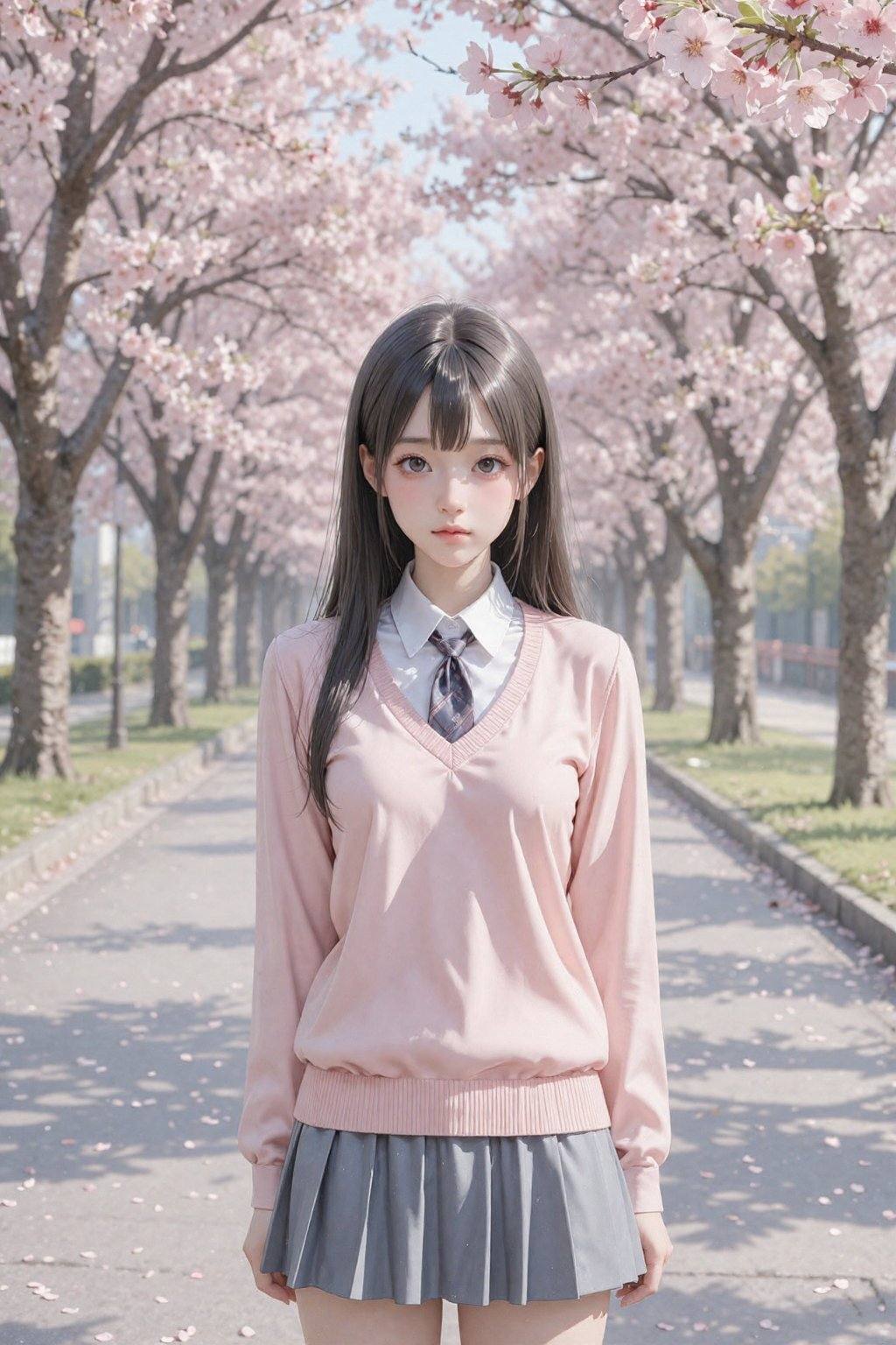 A young woman,  likely in her late teens or early twenties,  stands centered in the frame. She is wearing a light pink sch...