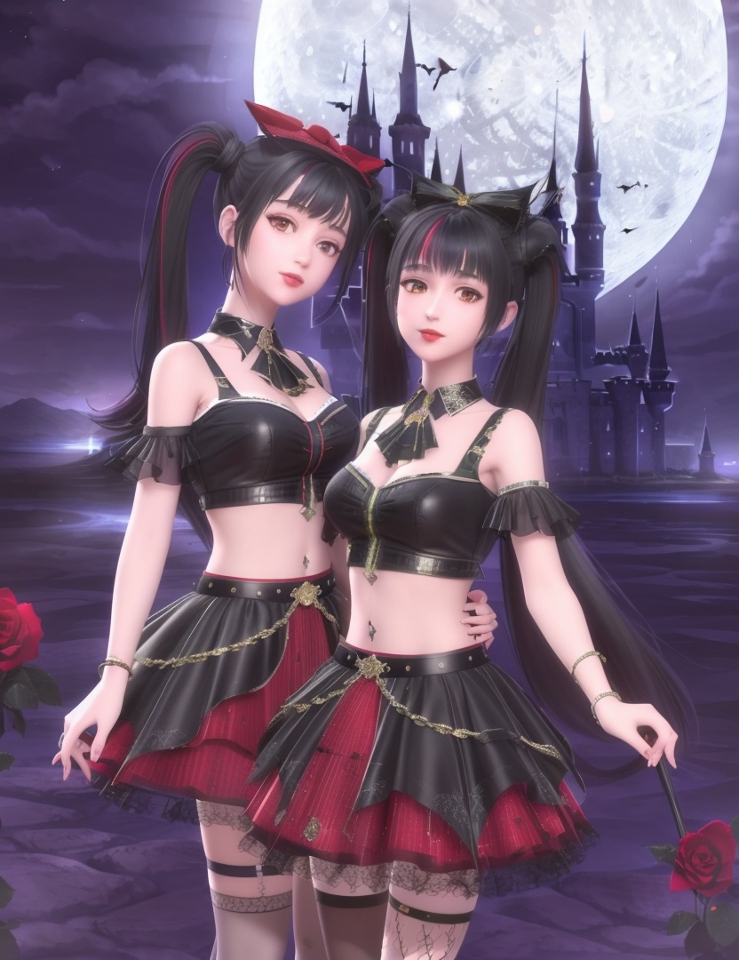 ultra realistic 8k cg, picture-perfect face, flawless, clean, masterpiece, professional artwork, famous artwork, cinematic lighting, cinematic bloom, perfect face, beautiful face, fantasy, dreamlike, unreal, science fiction , beautiful clothes, lace, lace trim, lace-trimmed legwear,  (rich:1.4), prestige, luxury, jewelry, diamond, gold, pearl, gem, sapphire, ruby, emerald, intricate detail, delicate pattern, charming, alluring, seductive, erotic, enchanting, hair ornament, necklace, earrings, bracelet, armlet,halo((,1girl, pov,))  (((,, multiple_girls, 2girls, flower, rose, multicolored_hair, , midriff, twintails, skirt, large breasts, looking at viewer, )))   <lora:DA_ChloeNightWings:0.6>(((full_moon, , night, 2girls, moonlight, red_moon, solo, night_sky, sun, castle, , jewelry, twintails, skirt, , thighhighs, bat)))