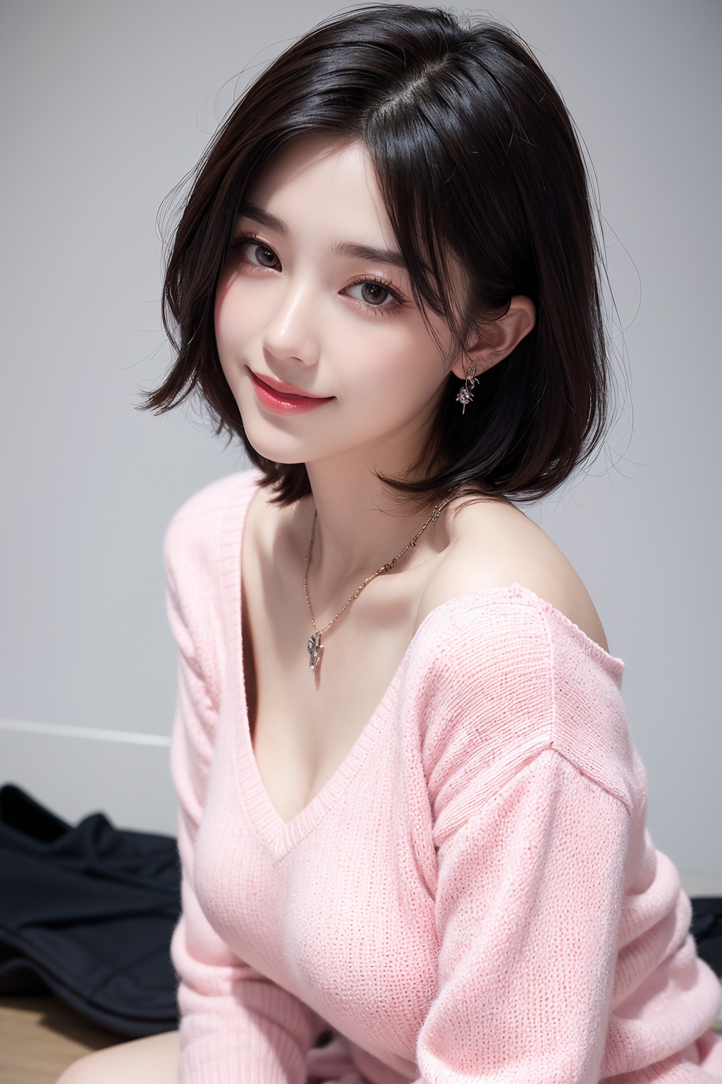 1girl,barefoot, black hair, breasts, brown eyes, collarbone, dress, fishnets, jewelry, large breasts, lips, looking at viewer, necklace, pink dress, pink sweater, short hair, sitting, smile, solo, sweater, yokozuwari tomine, takato yamamoto, black background  <lora:NM_FC-Zxiaowu-----小舞姐_2.0:0.66>