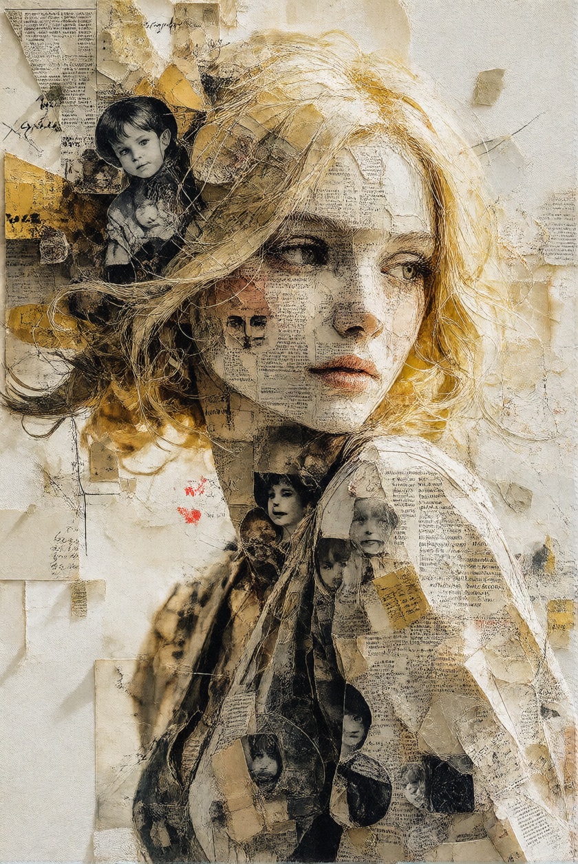 PaperDaal,  A complex mixed-media collage portrait of a blonde woman with a thoughtful expression,  composed entirely of l...