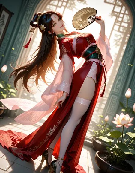 zPDXL3, safe_pos, score_9, score_8_up, source_realistic, source_anime,8k, best quality, ultra high res, sharp focus,masterpiece, expressive, digital art, cinematic,intricate details, extremely detailed, Unreal Engine,cinematic light, photo studio lighting,dramatic angle, dynamic camera angle, unique perspective, unique angle, wide angle, dutch angle, foreshortening,establishing shot, graceful stretching angle,Diffuse lighting, (sfw:1.3),Agfa APX 400, Ektar 100, Flash Photography,, ExpressiveH,blurred eyes, innocent, lovely face,big eyes, beautiful detailed eyes, very detailed eyes, detailed beautiful delicate face,realistic humid skin, detailed skin,sexy pose, sensual posture, graceful pose, curvy, scenery, perfect legs,erotic posture, sexual intent, sensual, alluring, voluptuous,dynamic pose, more detail,blurry background,1girl, , hanfu, seductive smile,beautiful bat girl with wing membranes, pointed ears, and nocturnal eyes xianxia maiden, magenta red dominant color dress, with pear cut with teardrop romantic appeal and radiant amber yellow with translucent details secondary tones, preserved foods with altered textures surface texture,wearing elegant vintage-inspired qipao with classic elements with hand-painted collar with artistic brushstrokes collar and lotus cotton hanfu top with cloud motifs over embroidered cuff sleeves with moonlit details sleeves,patterned transparent gauze overskirt with inverted pleating with reversed folds and delicate ornamented belt with pearl chains with brocaded details belt, lepidolite lavender stockings legwear, white lotus petal shoes with ornamented details footwear,facial features: inner strength with resilient spirit expression, calm brows with peaceful serenity eyebrows, holy jade green eyeshadow with holy details eye makeup, crystal jade butterfly forehead mark forehead markings,hair styling: blessed flying hair strands in the wind and artist hair styling with creative expression hairstyles,accessories: jade crystal dangling hairpin hair ornaments, lotus golden choker with phoenix motif jewelry, embroidered hand fan as accessory and tea leaf patterns with fortune reading additional accessories,pose: standing, arched back, (arched back:1.25), full body, (dynamic pose:1.1) and riding horses with confident posture in refugee's shelter with basic necessities environment with mystical hidden cave with glowing crystals with brocaded details background,atmosphere: swallow migrations in formation seasonal elements, broad lighting with front-facing brightness lighting effects