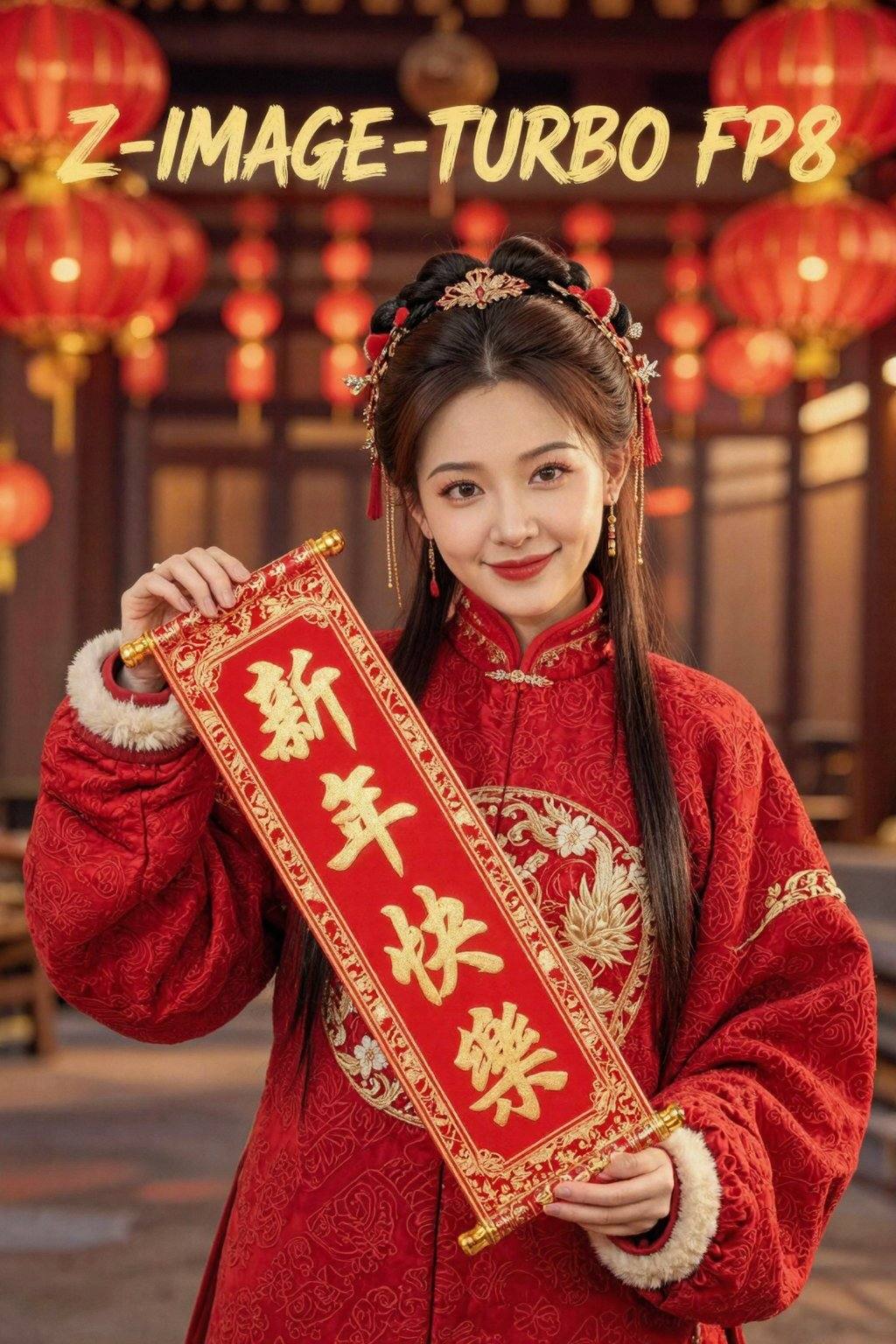 一位身着过年喜庆红色衣服的古装女子，服饰纹理精致细腻，她双手拉着一副写着新年快乐的金色简体字竖批。背景中悬挂着许多红色灯笼，营造出浓厚的节日氛围，灯光温暖，营造出一种温馨而欢乐的氛围，影视级别的效果，摄影风格，正面照，背景顶部有文本“Z-IMAGE-TURBO FP8”以金色半透明毛笔字体显示在顶部。