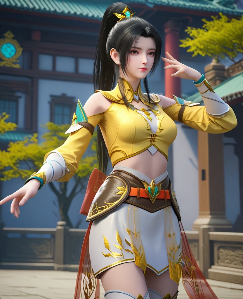 (oriental architecture, elegant decor, sophisticated style:1.1),outstretched arms,(breasts:1.2),<lora:XL16大主宰叶轻灵:0.95>,miss yeqingling,yellow crop top,brown eyes,black hair,long hair,high ponytail paired with front strands,hair ornament,white miniskirt,sash,bracer,white boots,bow,shoulder cutout,, zPDXL2, score_9, score_8_up, score_7_up BREAK realistic, masterpiece,best quality, highly detailed,, zPDXL3, zPDXL2,zPDXL, zPDXLxxx, zPDXLrl,
