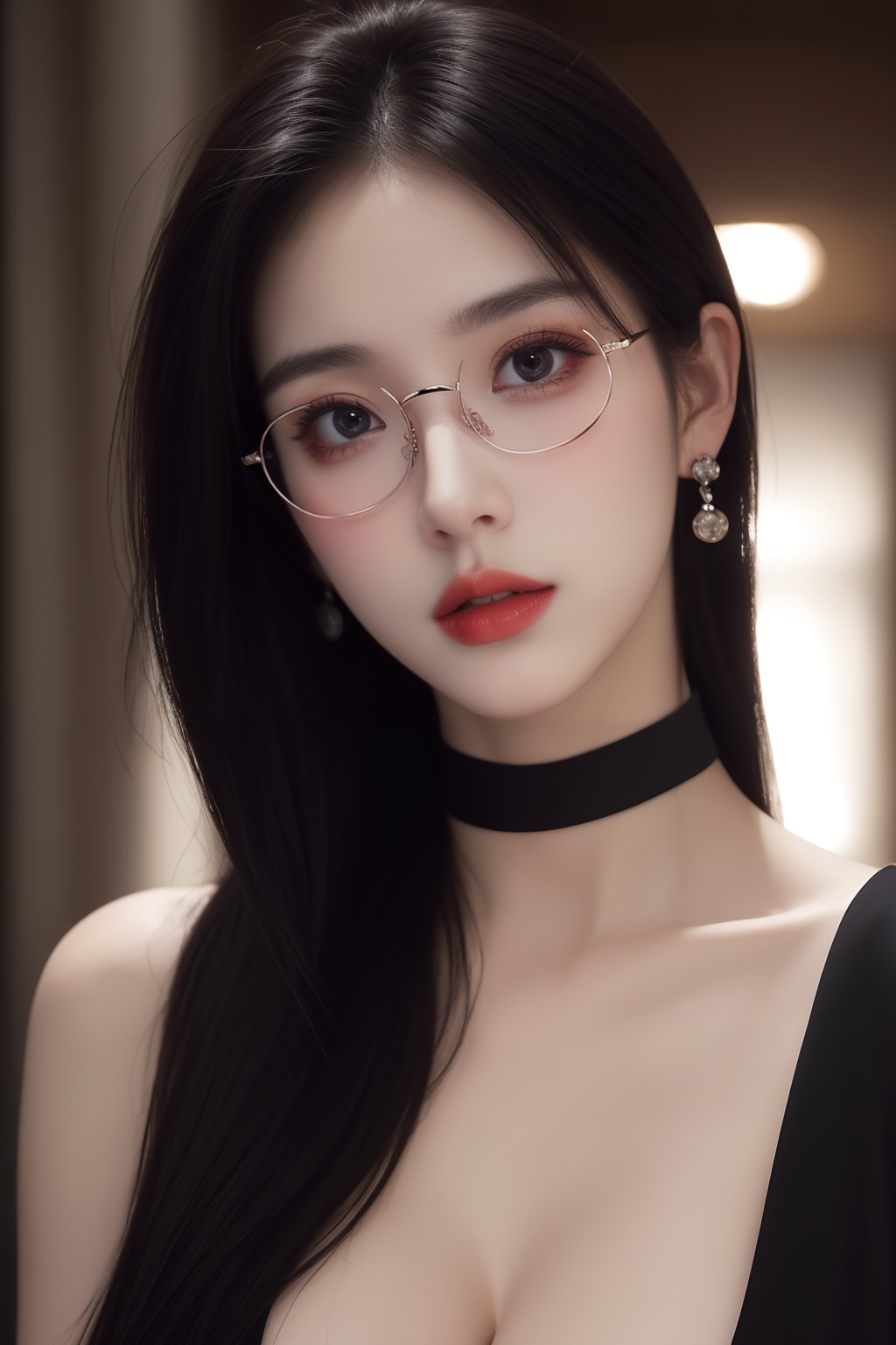 1girl, black choker, black hair, blurry, blurry background, blurry foreground, breasts, choker, cleavage, collarbone, depth of field, earrings, glasses, jewelry, large breasts, lips, long hair, looking at viewer, red lips, solo focus <lora:御姐:1>