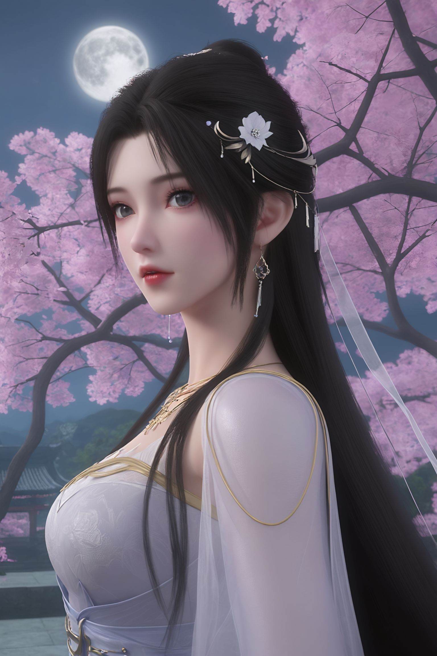 1girl,long,dark hair,white flower hairpins,flowing,sheer,white gown,golden detailing,long sleeves,high slit,lavender shoes,<lora:完美-清漪仙子-Pony重制v2:0.7>,masterpiece,best quality,solo,1girl,upper body,petals,looking at viewer,moon,branch,cherry blossoms,flower,extreme aesthetic,(quasarcake:0.7),masterpiece,best quality,good quality,newest,very aesthetic,absurdres,A shot with tension,(Visual impact,giving the poster a dynamic and visually striking appearance:1.2),impactful picture,offcial art,colorful,splash of color,movie perspective,