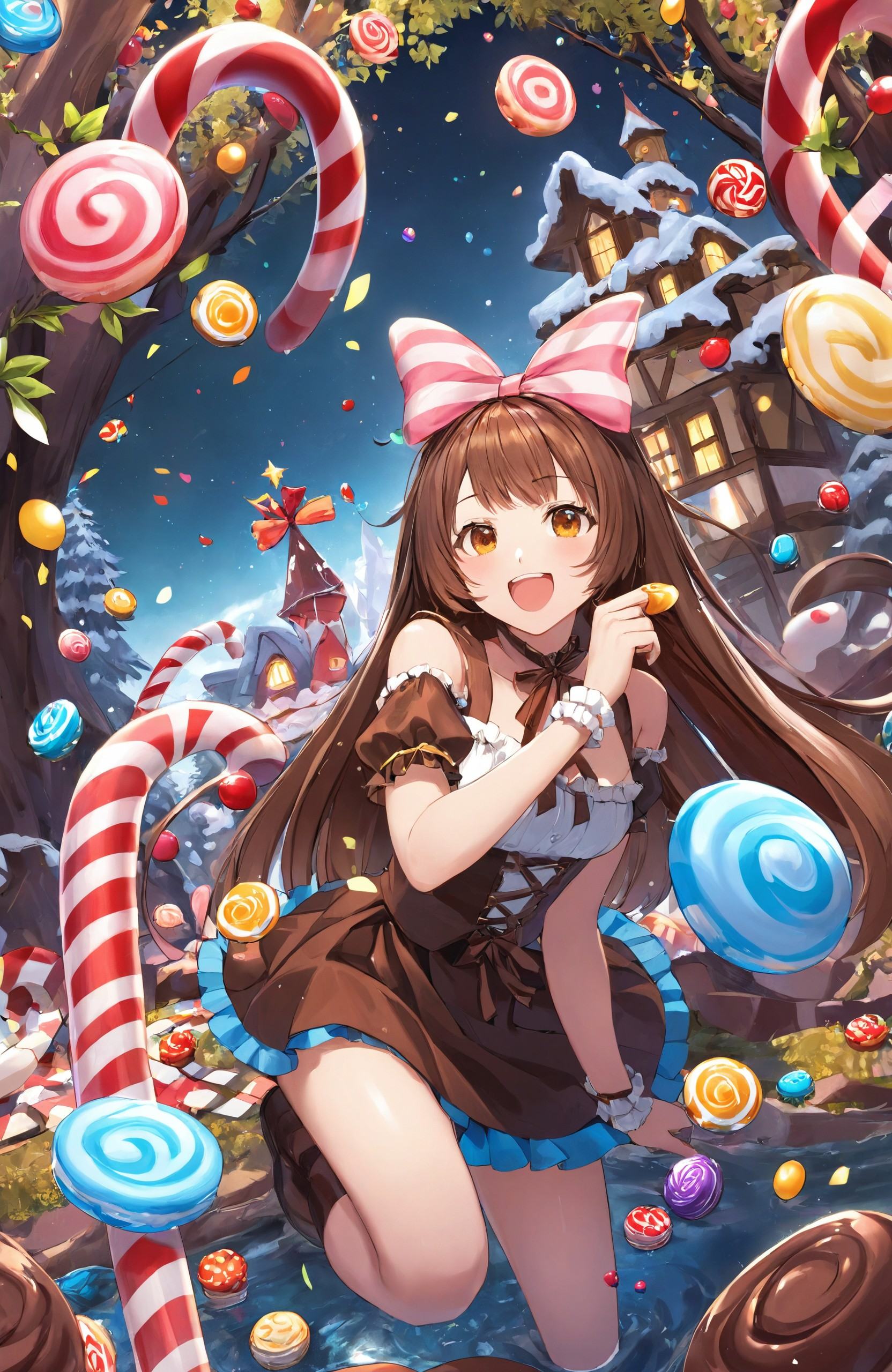 "Candyland Adventure, a girl exploring a world made of sweets, with candy canes as trees and chocolate rivers, her eyes filled with wonder."