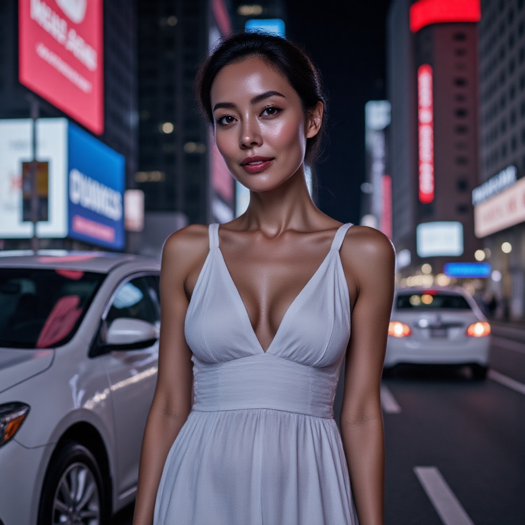 A woman in a white dress,half-body shot,close-up,walking on a city street at night,neon lights casting colorful reflections on her face and dress,a hint of mystery in her eyes. A white sedan is parked beside her,its headlights softly glowing,with bustling skyscrapers and flashing billboards in the background,the air filled with the buzz of the city,cyberpunk style,ultra-high definition.,