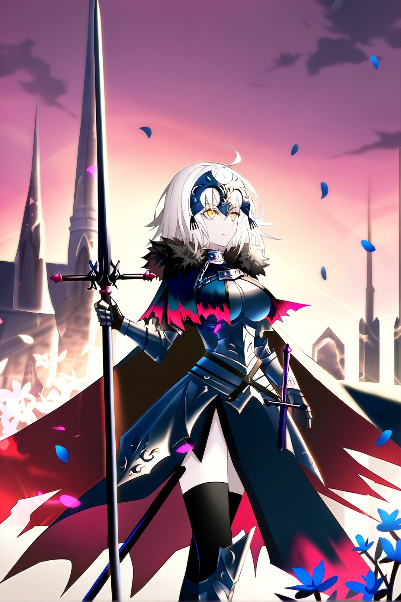 1girl, jeanne d'arc alter \(fate\), jeanne d'arc alter \(avenger\) \(fate\), thighhighs, yellow eyes, petals, armor, black thighhighs, solo, sword, weapon, armored dress, headpiece, cape, breasts, outdoors, gauntlets, fur trim, fur-trimmed cape, white hair, flower, holding, chain, black dress, short hair