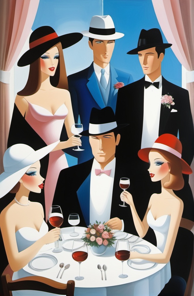 <lora:inset02-000016:0.6>,blush, blue eyes, multiple girls, hat, dress, 2girls, sitting, flower, multiple boys, necktie, 3girls, hood, cup, makeup, chair, parody, formal, table, 3boys, suit, knife, lipstick, plate, alcohol, drinking glass, 4boys, fork, red lips, wine glass