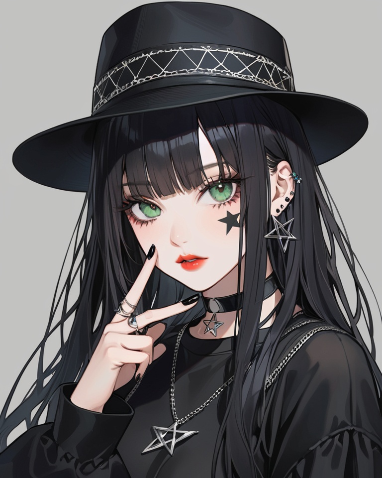 (best quality), ((masterpiece)), (highres), illustration, original, extremely detailed,<lora:SNGame Character XL:0.7> 1girl, solo, black nails, black hair, long hair, green eyes, nail polish, looking at viewer, artist name, v, sleeves past wrists, bangs, black choker, grey background, upper body, simple background, choker, facial mark, hat, pentagram, black theme, long sleeves, hand up, jewelry, parted lips, white background, black shirt, black headwear, shirt, ring, red lips, lips
