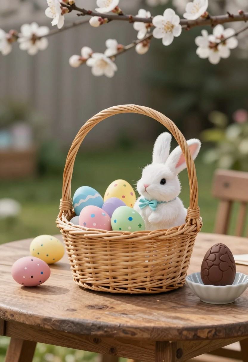 3. V67 Easter,  un cesto di vimini pieno di uova colorate e un coniglio di cioccolato,  su un tavolo di legno in giardino...