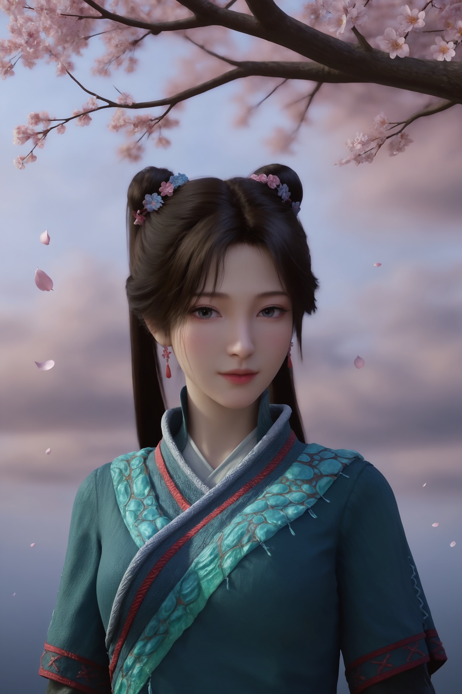 masterpiece,best quality,solo,1girl,upper body,petals,looking at viewer,moon,branch,cherry blossoms,flower,extreme aesthetic,(quasarcake:0.7),masterpiece,best quality,good quality,newest,very aesthetic,absurdres,A shot with tension,(Visual impact,giving the poster a dynamic and visually striking appearance:1.2),impactful picture,offcial art,colorful,splash of color,movie perspective,photo realistic,masterpiece,best quality,soft glow,skin texture,<lora:凡人-梅凝-天南大陆Pony:0.7>,1girl,long,straight black hair,two high ponytails,hairpins,traditional Chinese outfit,featuring a blue,high-collared tunic with intricate embroidery along the neckline and sleeves.,