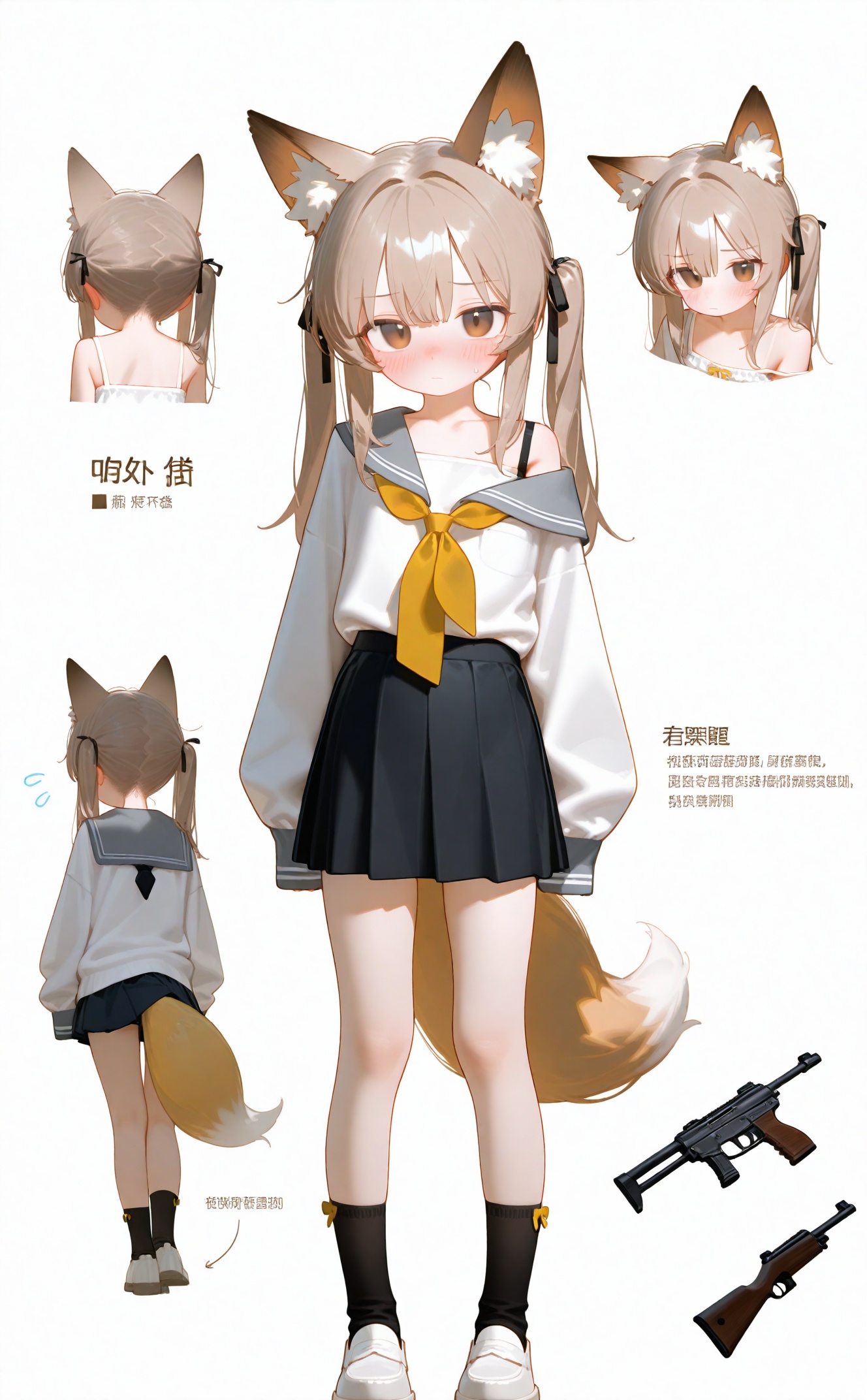 high, 1girl, skirt, strap slip, animal ears, black skirt, sleeves past wrists, multiple views, sailor collar, neckerchief, white shirt, flying sweatdrops, pleated skirt, shirt, twintails, black necktie, white footwear, tail, school uniform, black sailor collar, serafuku, puffy long sleeves, necktie, socks, brown eyes, long sleeves, yellow neckerchief, shoes, animal ear fluff, puffy sleeves, white background, fox ears, closed mouth, character profile, sleeves past fingers, rifle, blush, hair ribbon, black socks, ribbon, long hair, full body, chinese text, reference sheet, off shoulder, fox girl, standing, looking at viewer, gun, weapon, fox tail, black ribbon, simple background, collared shirt, black neckerchief, brown hair, camisole, turnaround, hair between eyes, collarbone, miniskirt, arms at sides, flat chest, sidelocks, white camisole, bare shoulders, yellow necktie, height, yellow ribbon, from behind, stats, spaghetti strap, character age, character name, expressionless, light brown hair, sailor shirt, embarrassed, grey sailor collar, large ears, uwabaki, single off shoulder, bra strap, brown neckerchief, dress shirt, weapon on back, bra, backpack, nose blush<lora:fangdongye-000008:1>