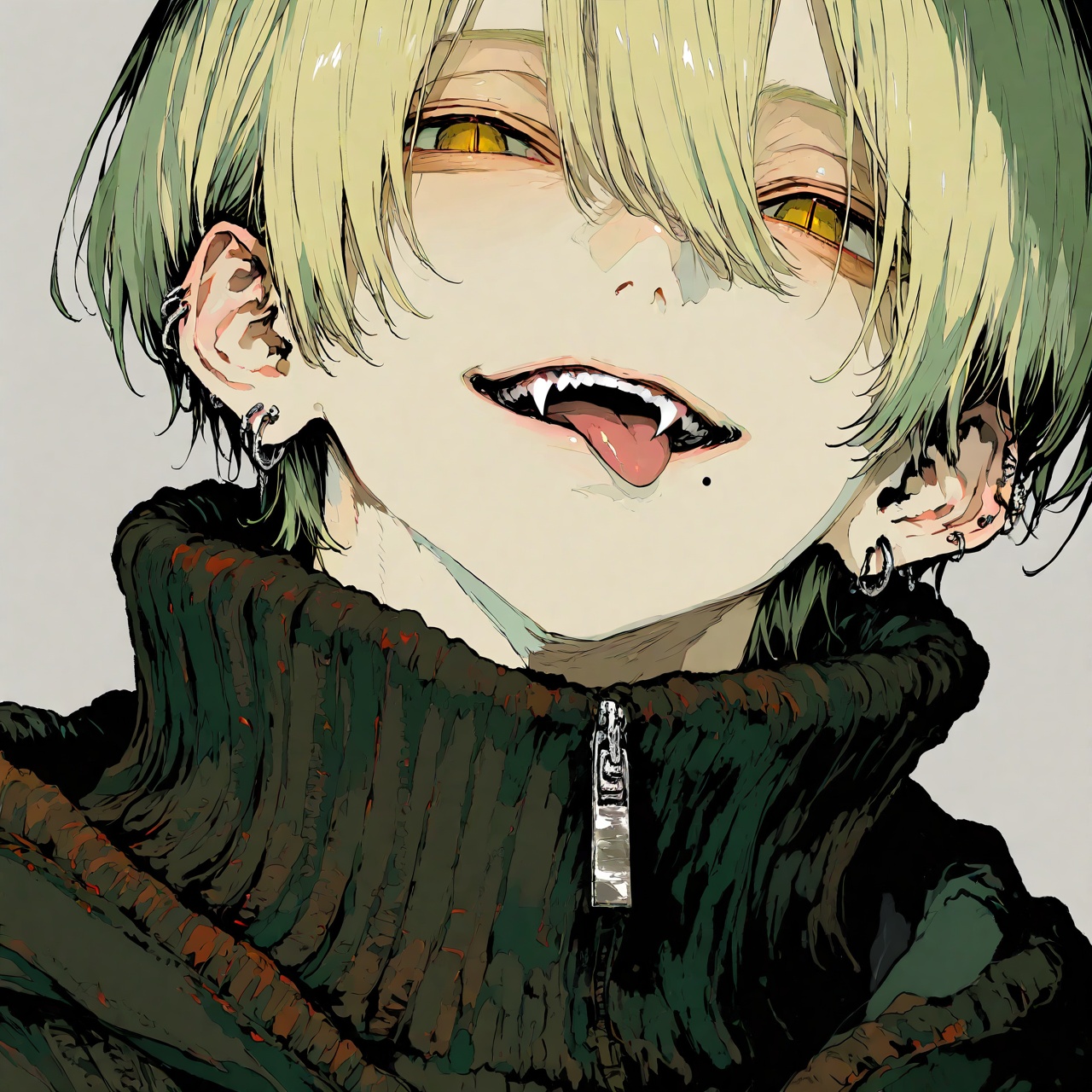 <lora:Tourun ThickPaint Style:0.8>,absurdres,realistic,rim light,wallpaper,best quality,1boy,male focus,solo,tongue,mole,mole under eye,jewelry,earrings,looking at viewer,blonde hair,piercing,tongue out,portrait,jacket,open mouth,ear piercing,hair between eyes,yellow eyes,simple background,fangs,slit pupils,zipper,grey background,sweater,short hair,turtleneck,smile,hood,