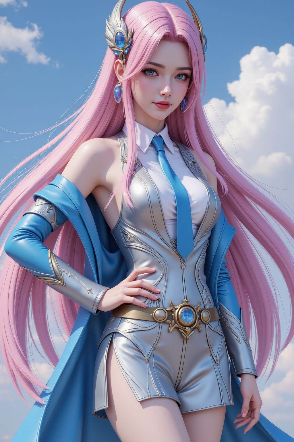 a young woman with long flowing pink hair and blue hair,multicolored hair,She wears a silver and blue with gold accents,a white shirt,and a blue tie,short skirt,highlighting her detailed outfit and confident pose,colorful background,