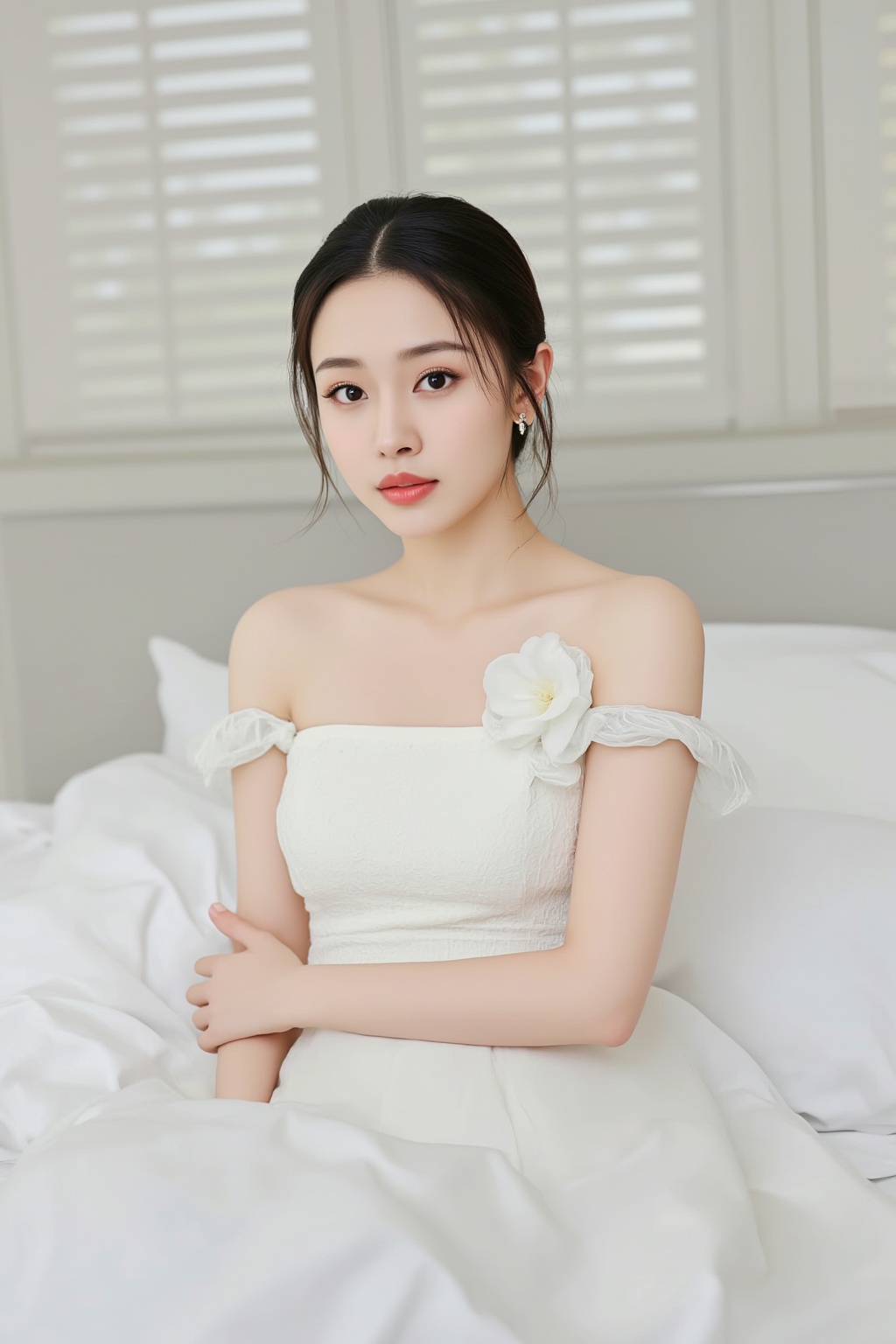 A woman is sitting on a bed. She is wearing a white dress with a flower on the shoulder. The bed has white sheets and pillows on it. There is a window behind the bed.,