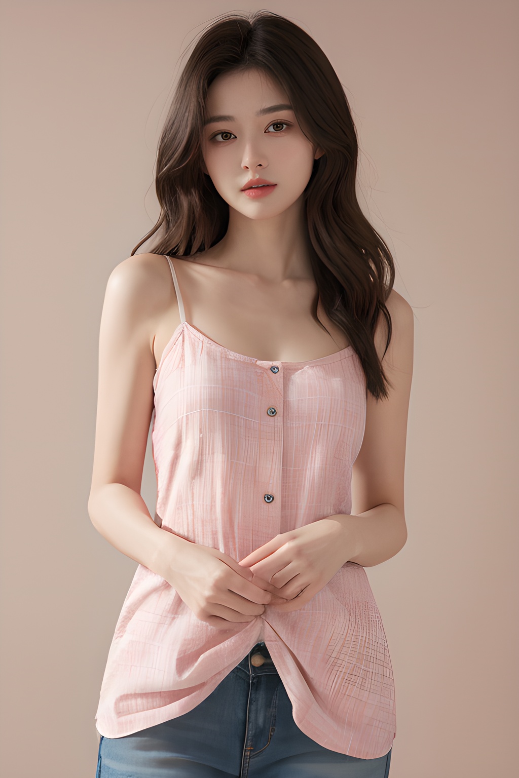 <lora:0817_10:0.35>,simple background,lifted_by_self,camisole,pink_plaid_shirt,, 1girl,realistic,masterpiece, best quality, photorealistic, HDR,detail