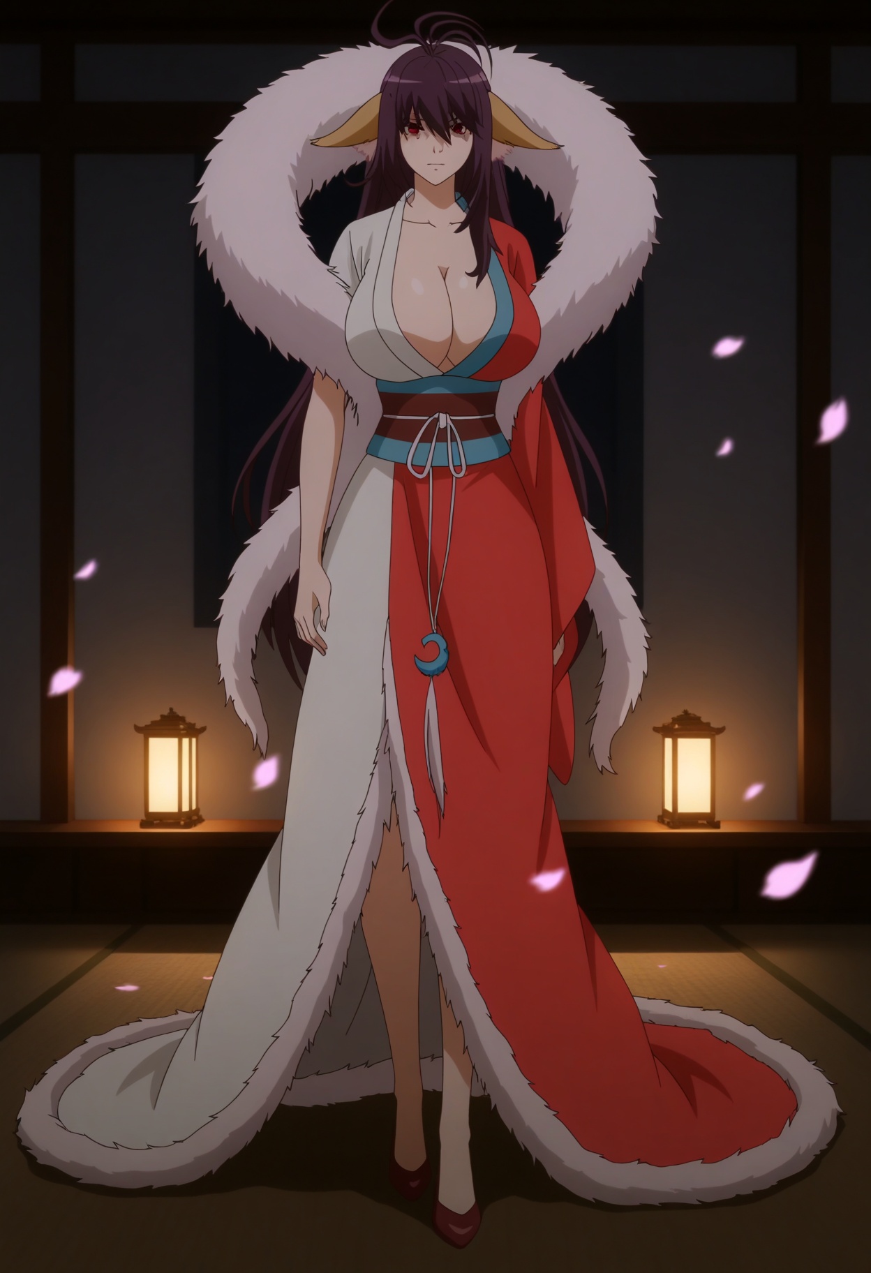 (full_body:1.1),(gigantic breasts:0.8),(slender:1.3),(looking_at_viewer:1.1),(masterpiece:1.1),(best quality:1.2),(intricate details),(smog:1.3),(Dark room:1.3),(dim lighting:1.3),peach blossom,falling petals,<lora:YQ_Illustrious光辉二次元国漫V1_tushanyaya_hongyi_V1:0.8>,q1528437228,1girl,solo,long hair,animal ears,chinese clothes,dress,red dress,purple hair,sash,antenna hair,black hair,fox ears,obi,red eyes,brown hair,fur trim,long sleeves,fur-trimmed cape,feather boa,ahoge,high heels,hair over eyes,hat,red footwear,asymmetrical clothes,masterpiece,(best quality),(intricate details:0.9) BREAK (intricate details:0.9),(realistic skin:1.2),masterpiece,best quality,newest,absurdres,hiahres,