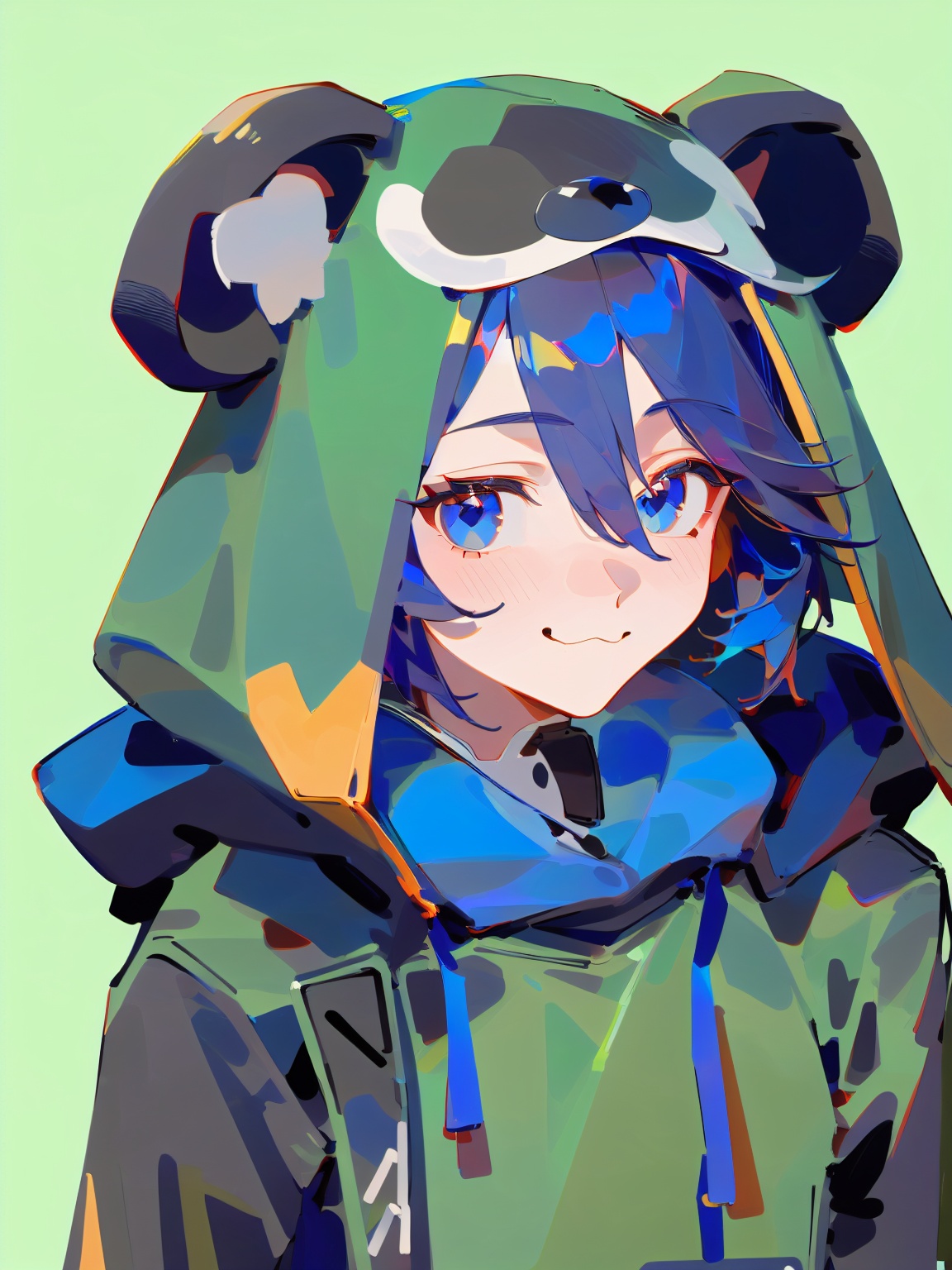 1girl, solo, blue eyes, hood, animal ears, simple background, blue hair, short hair, smile, hood up, looking at viewer, green background, upper body, hair between eyes, animal hood, :3, bear ears, masterpiece, best quality