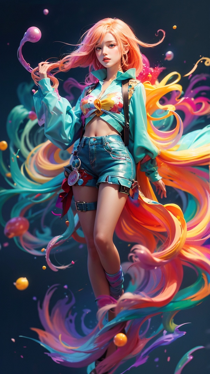 Colorful Girl,full body,1Girl,dynamic posture,colorful hair,gradient hair,colorful fluid background,super details,ultra-high quality,realism,painted artistry,official art,