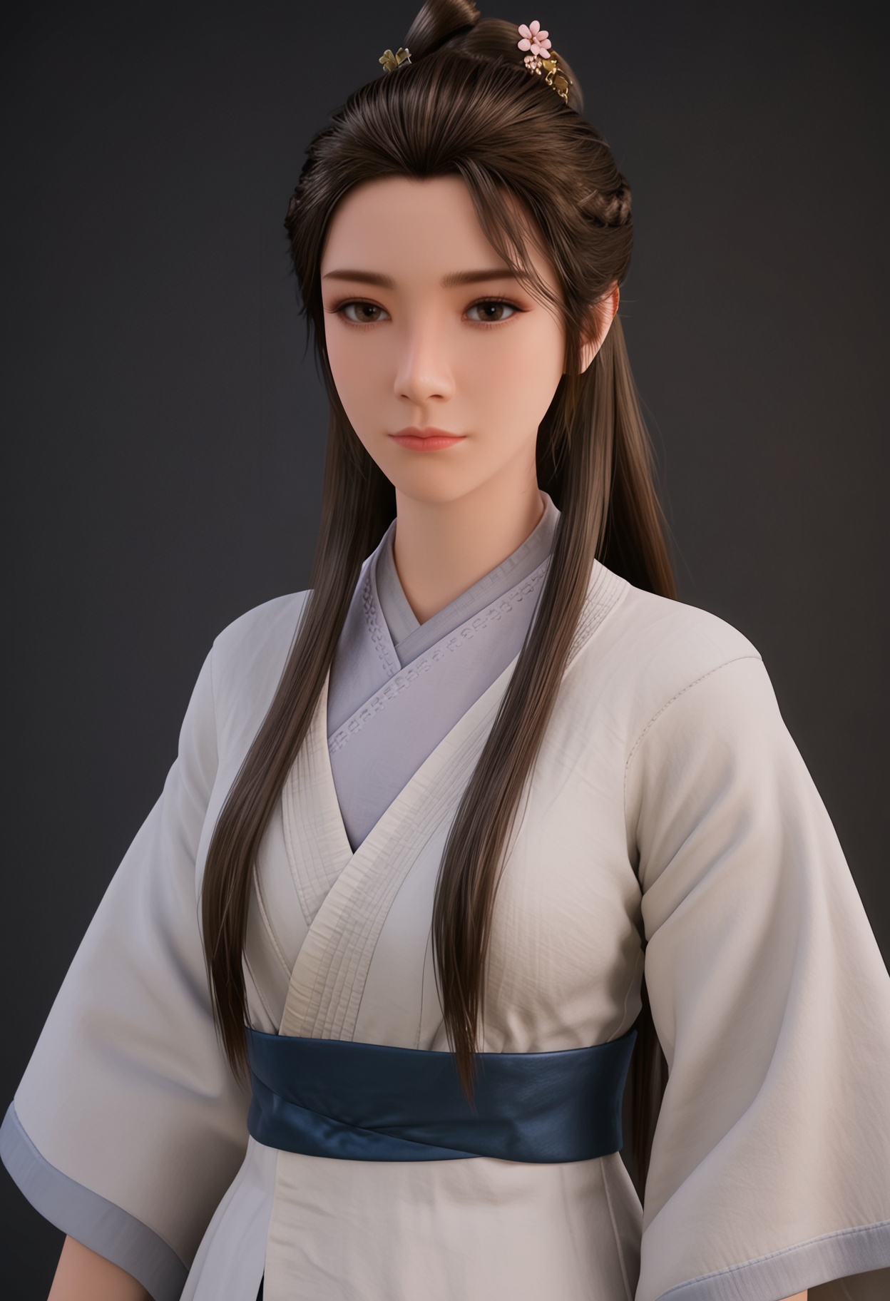 (upper_body:1.2),(looking at viewer:1.1),facing viewer,direct gaze,<lora:YQ_pony_xinruyin_V4:0.8>,q1528437228,1girl,solo,long hair,chinese clothes,hanfu,white dress,black hair,brown hair,hair ornament,brown eyes,sash,hair bun,hair flower,black eyes,braid,ponytail,forehead,jewelry,BREAK simple background,pure black background,black background,perfect anatomy,