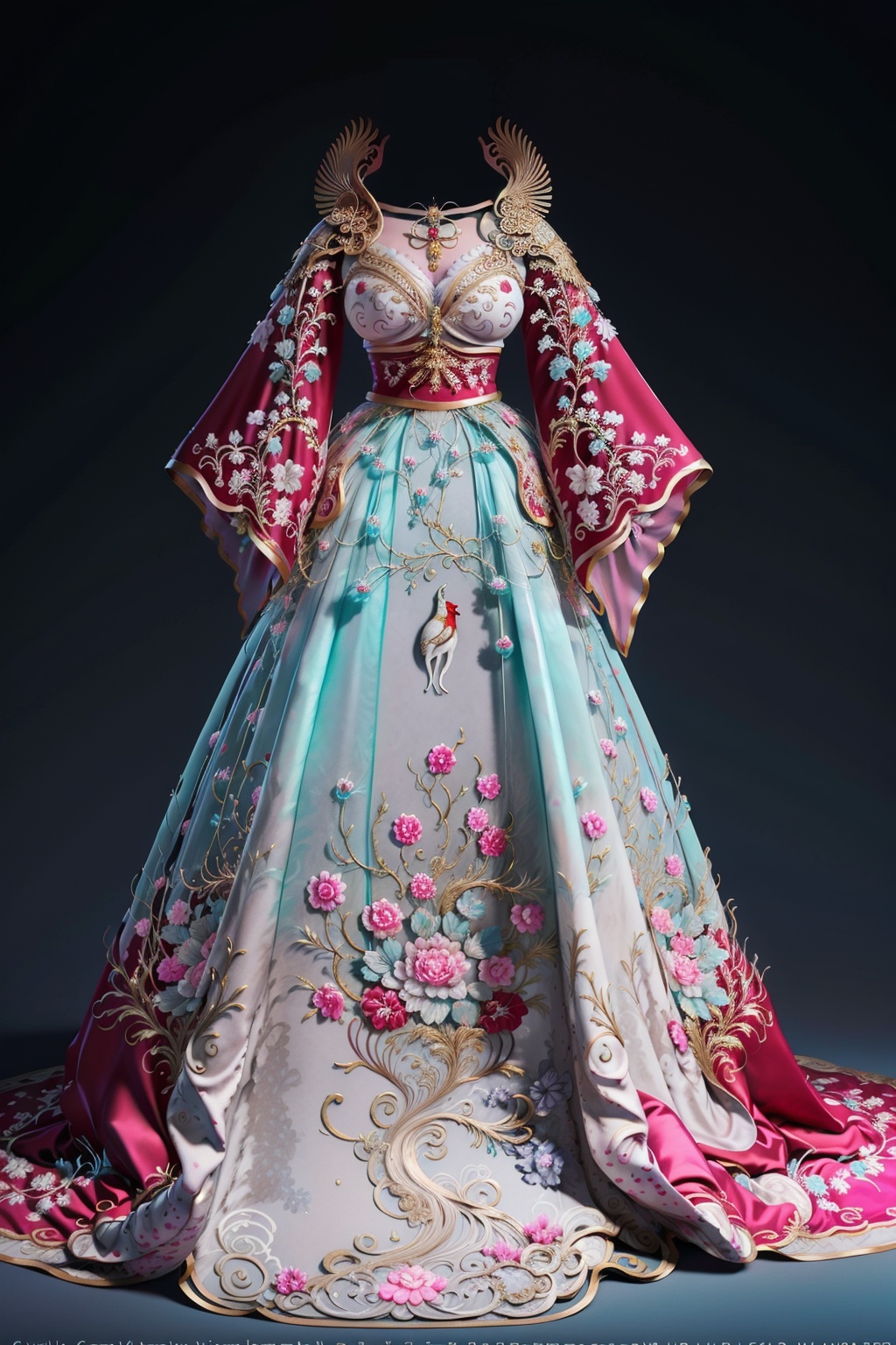 best quality,masterpiece,colorful,dynamic angle,highest detailed,<lora:Nhanfu:1>,pink white dress,(clean background:1.3),v-neck,cyan,fishtail skirt,