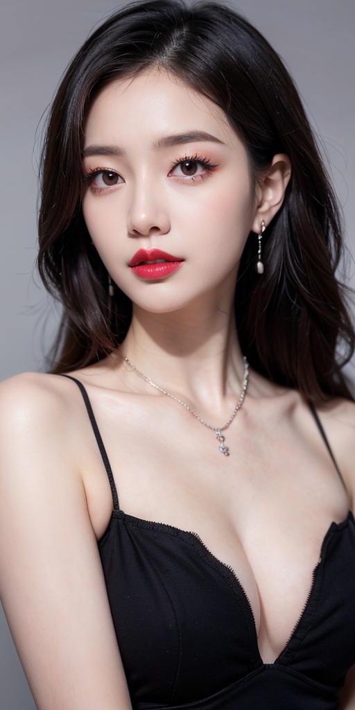 Canon RF85mm f/1.2,best quality,portrait,1 girl,(korean mixed,kpop idol:1.2),(long_brown_wavy_hair),(lipstick,red lips,pink_shiny_lips,pinkeyeshadow,eyelashes,powder blusher,make-up),white_shiny_skin,black eyes,necklace,earrings,shiny,Pore,skin texture,bracelet,big breasts,grey background,
