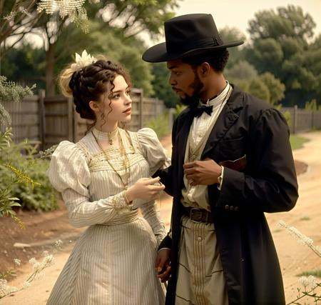 a white woman in a dress seducing a young sharecropper man 1890_dr3ss on Tensor.Art