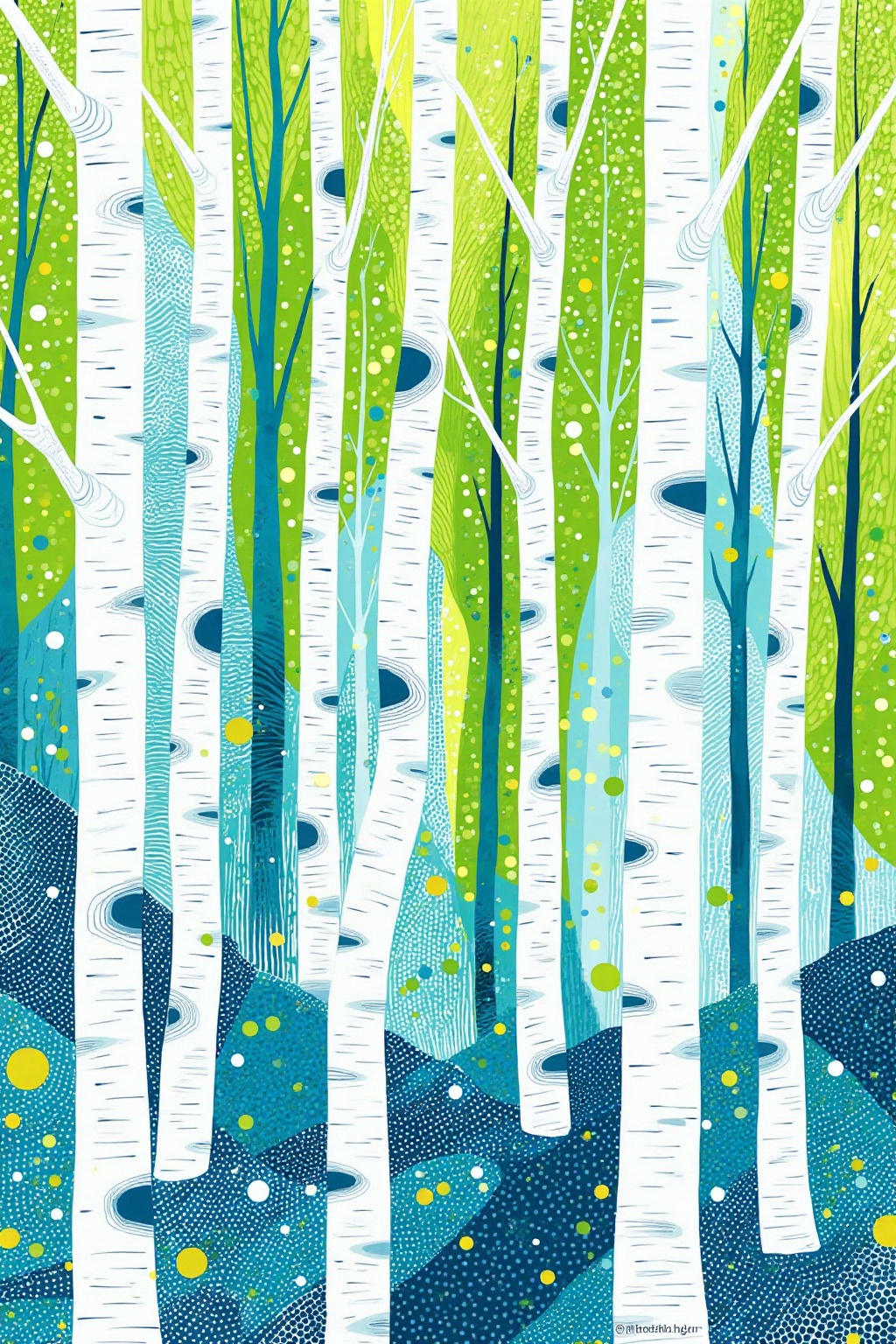 SK,This is a digital illustration in a modern, abstract style featuring tall, slender birch trees with white bark and blue accents. The background is a vibrant mix of green, blue, and teal hues with wavy patterns and circular motifs, creating a dynamic, textured forest scene.