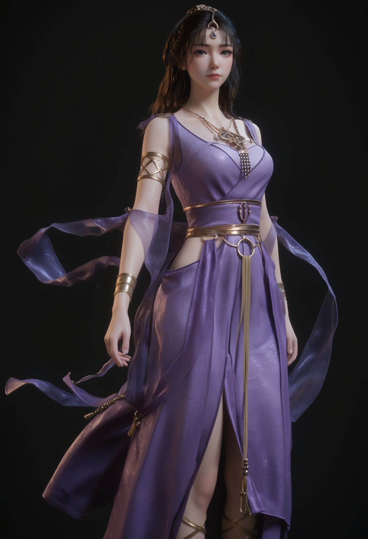 (cowboy shot:1.2),score_9,score_8_up,masterpiece,(best quality),intricate details,facing viewer,(looking at viewer:1.1),<lora:YQ_pony_wensiyue_V4:0.8>,q1528437228,1girl,solo,jewelry,blue dress,dress,purple dress,necklace,brown hair,long hair,black hair,hair ornament,bracelet,armlet,brown eyes,sandals,ponytail,sash,black eyes,blue eyes,BREAKscore_9,score_8_up,masterpiece,(best quality),perfect anatomy,(hourglass),perfect face,(simple background,pure black background,black background:1.1),fair_skin,shiny_skin,Ivory_skin,