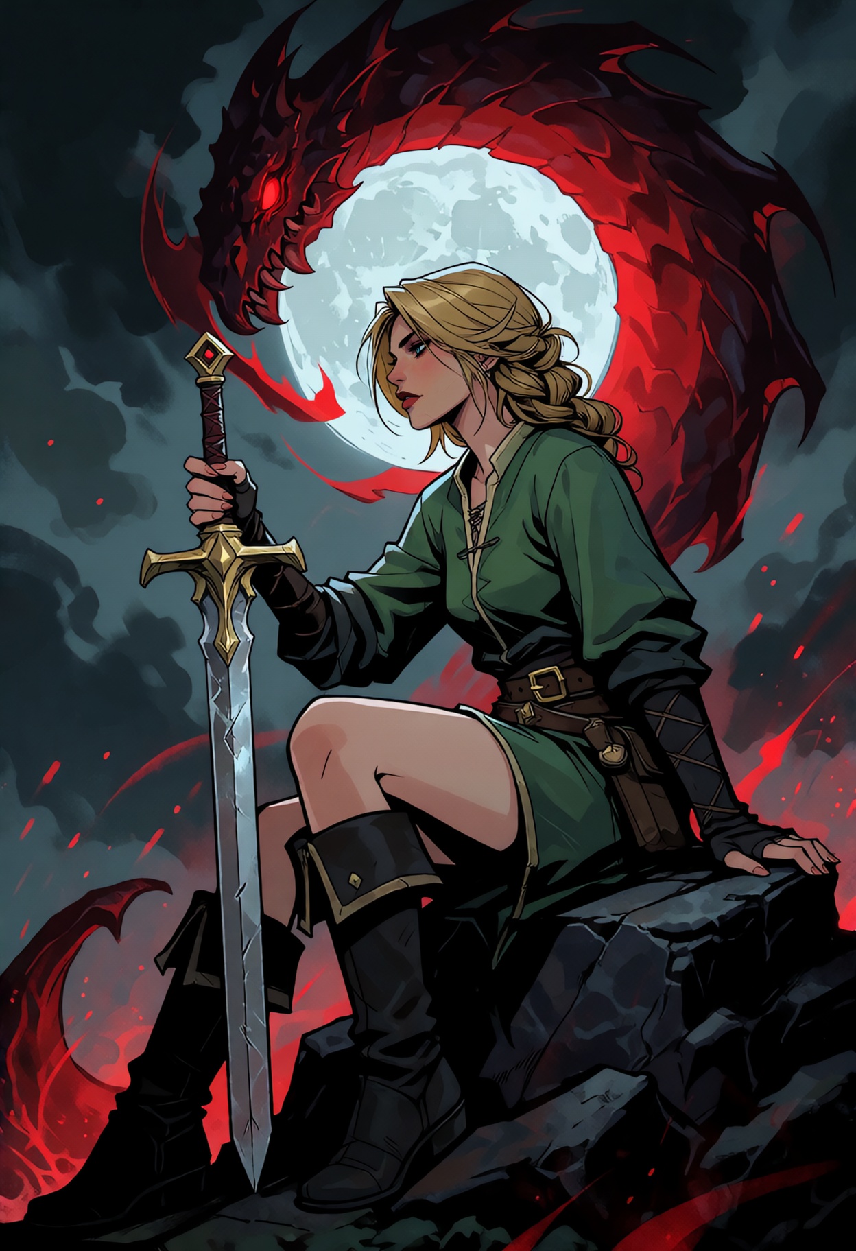 Dragon Age Tarot style.,  The image is a digital illustration of a young woman sitting on a rock with a sword in her hand....