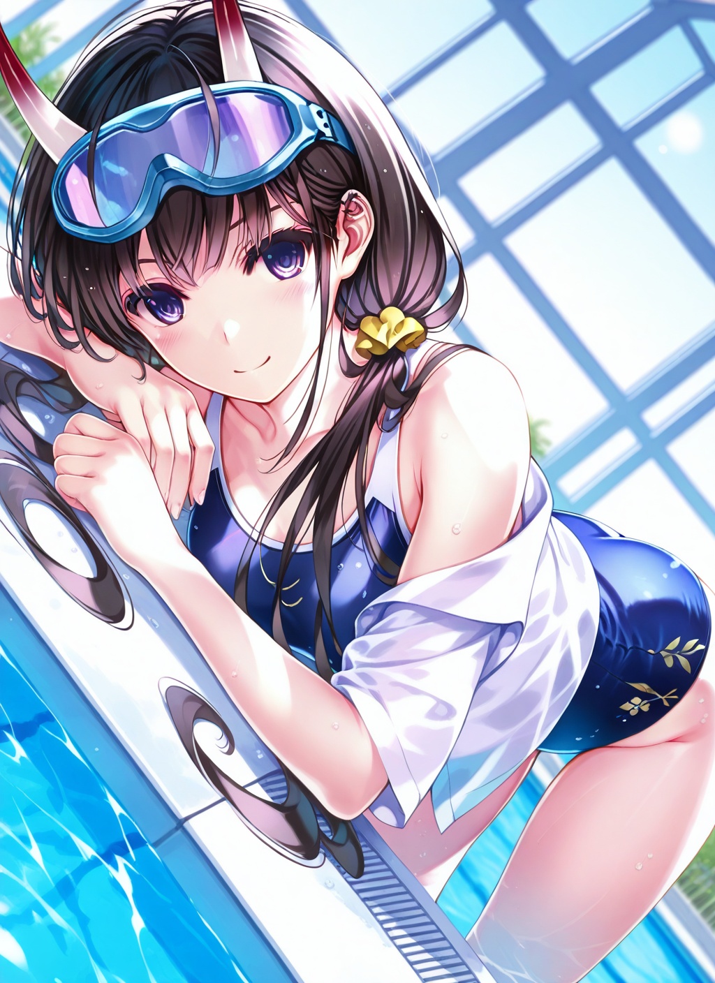 <lora:noshiro_IL_v1.0:1>,noshiro \(unwinding in the sunshine\) \(azur lane\),low twintails,school swimsuit,goggles on head,horns,misaki kurehito,smile,pool,on back,bent over,white shirt,, masterpiece,best quality,