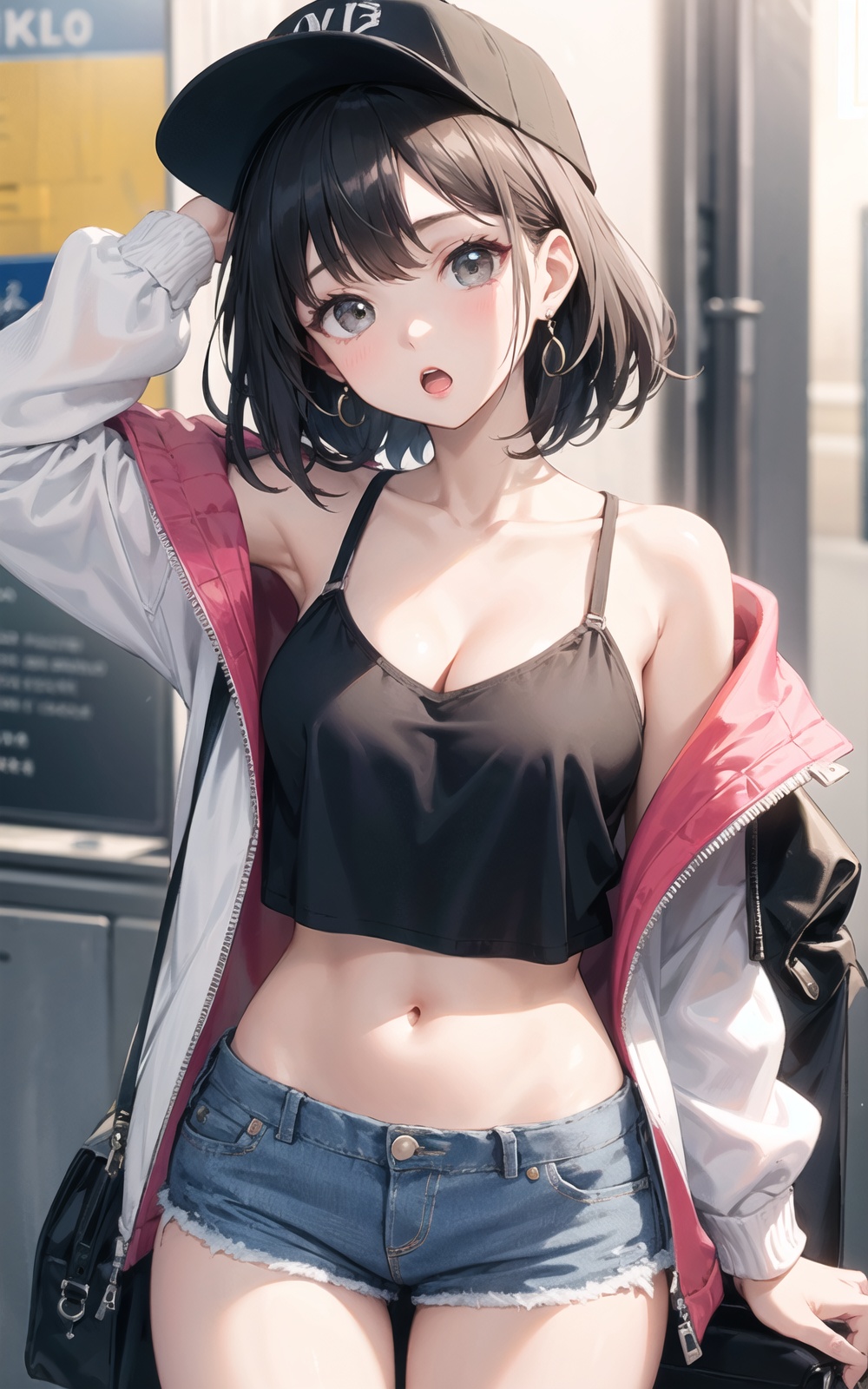 1girl, hat, earrings, jewelry, shorts, breasts, off_shoulder, solo, jacket, cleavage, collarbone, baseball_cap, black_hair, looking_at_viewer, :o, bare_shoulders, denim, hand_on_headwear, bangs, crop_top, open_mouth, medium_breasts