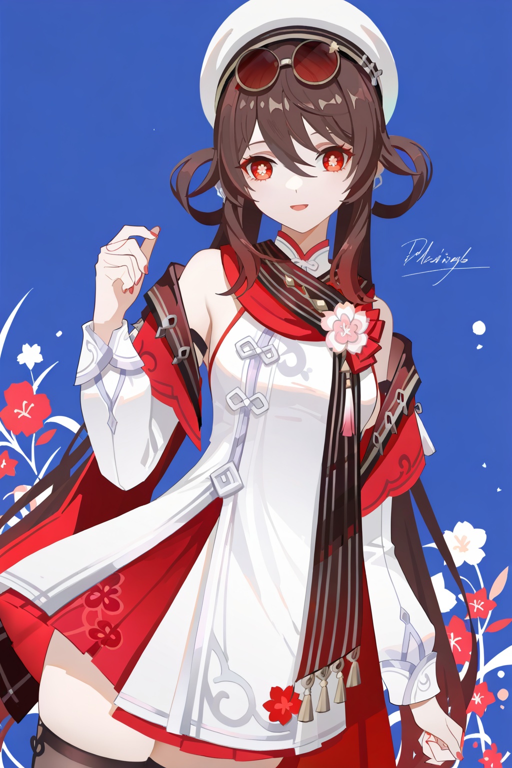 <lora:jijia-gnoobv-Tanger-000014:0.7>,<lora:huxiang-noob-Tanger-000014:0.8>,hu tao \(cherries snow-laden\) \(genshin impact\),clothes:cherries snow-laden,flower-shaped pupils,1girl,hat,long hair,symbol-shaped pupils,scarf,hair rings,black thighhighs,red eyes,sunglasses,brown hair,long sleeves,zettai ryouiki,hair between eyes,white skirt1girl,::,__artist__,year 2024,(blending:1.4),(close-up:0.8),(limited palette:1.2),(no lineart:1.2),(flat color:1.2),(blue background:1.2),(portrait:1.2),(spot color:1.2),dutch angle,minimalism,silhouette,flat color,open mouth,portrait,no lineart,breasts,limited palette,pink flower,flower,white flower,signature,red flower,very awa,masterpiece,best quality,newest,highres,absurdres,<lora:add-detail-xl:0.8>,
