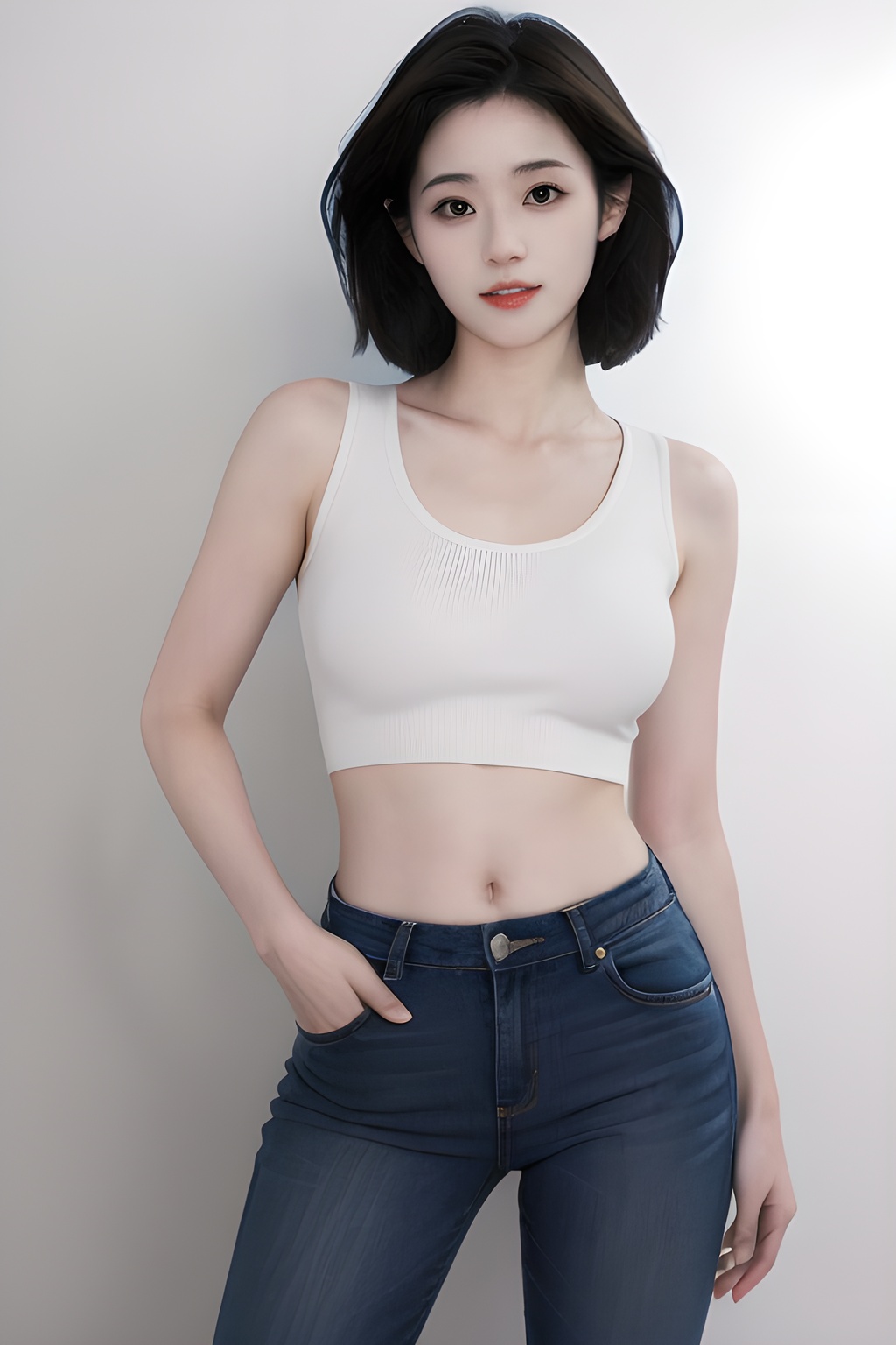 <lora:0827_06:0.7>simple background, (Best quality, masterpiece, ultra high res:1.2),photorealistic,raw photo,unity 8k wallpaper,cowboy shot,traffic light,1girl,cutoff jeans,denim vest,navel,hand in pockets, short hair,, 1girl,realistic,masterpiece, best quality, photorealistic, HDR,detail