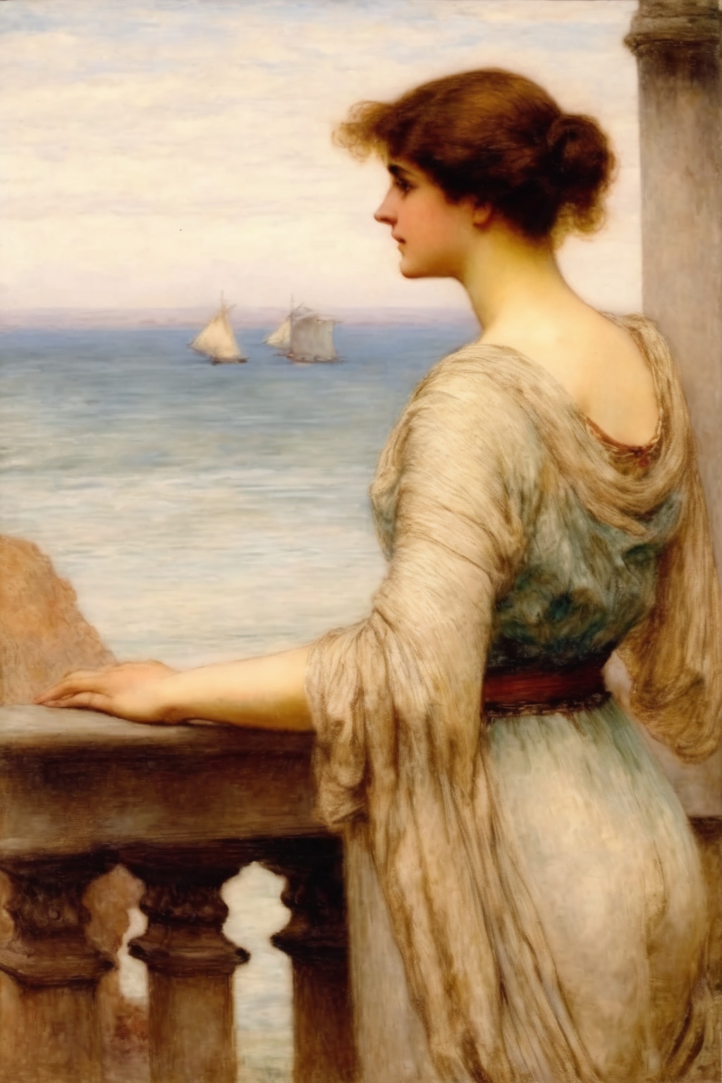 <lora:Alfred Augustus Glendening style:1>Alfred Augustus Glendening style - sir lawrence alma-tadema woman looking out through