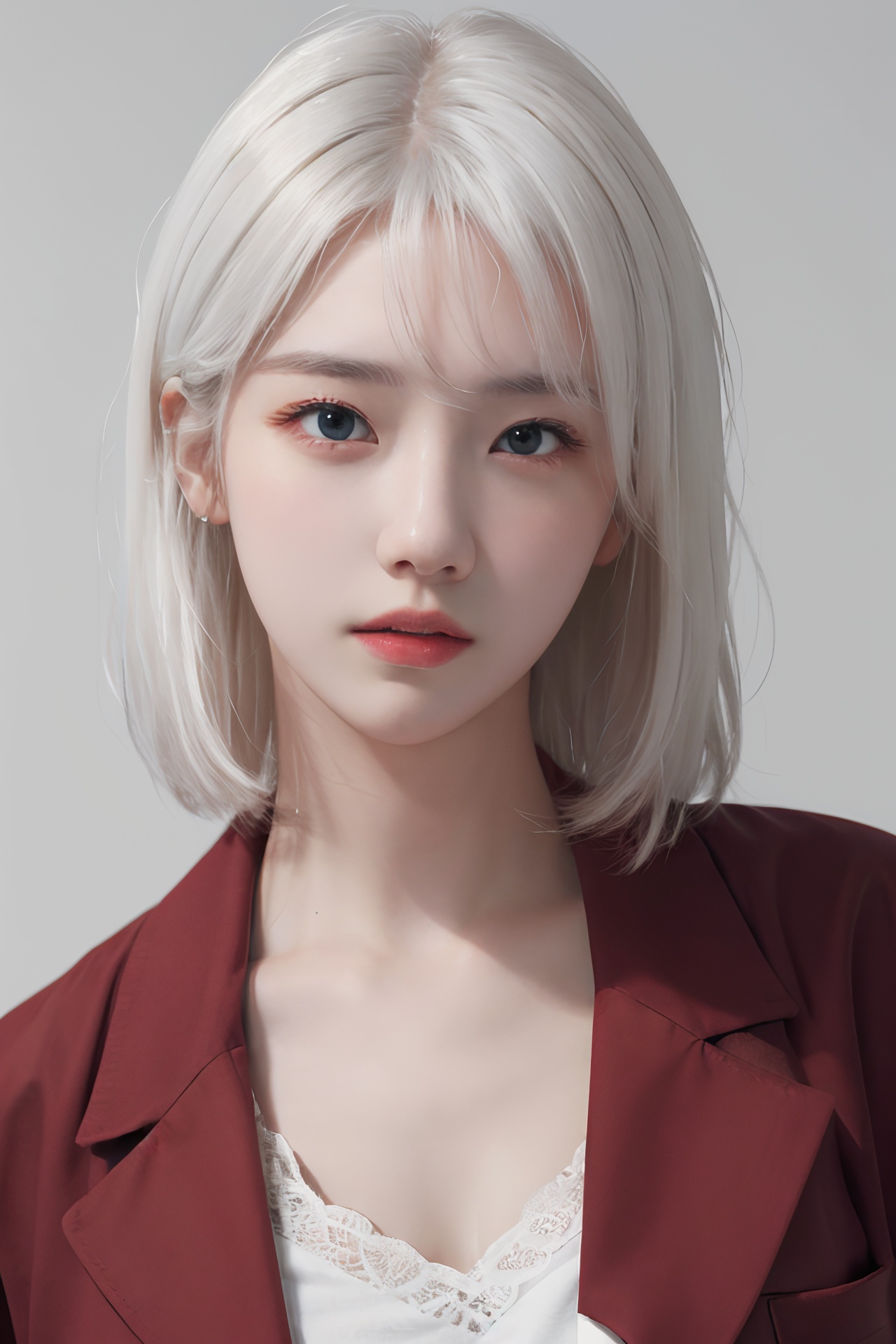 (4k, best quality, highres, absurdres, masterpiece:1.21), (realistic:1.331), detailed and intricate, 1girl, white hair, red shirt, <lora:girlslike_lyer2:0.7>