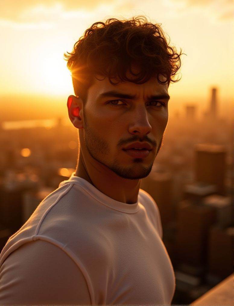 aaron owen ,  In the heart of a bustling city,  under the soft glow of a golden hour sunset on Tensor.Art