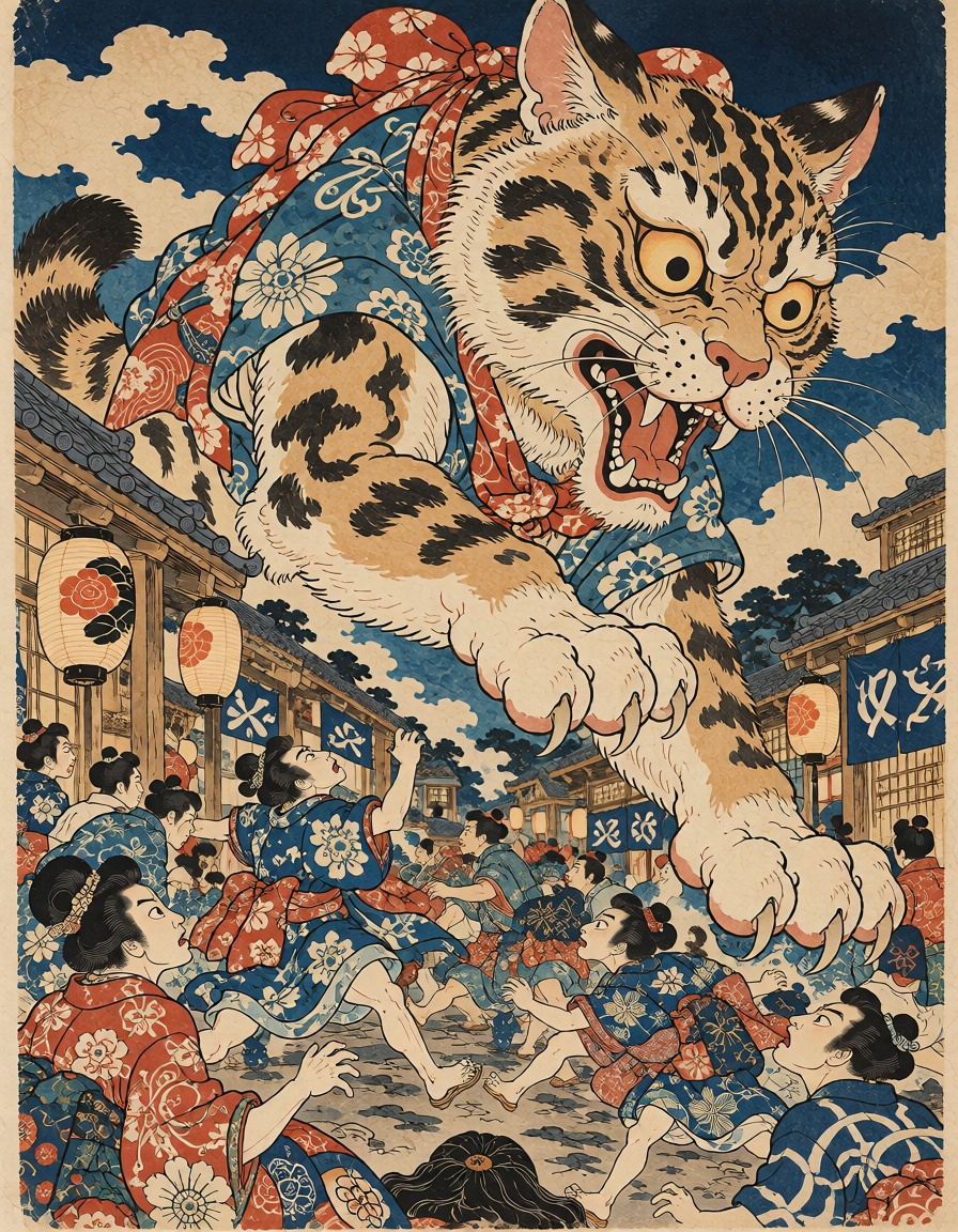 enormous mythical cat towering over a crowded Edo street,  startled townspeople running beneath lanterns,  dramatic diagon...